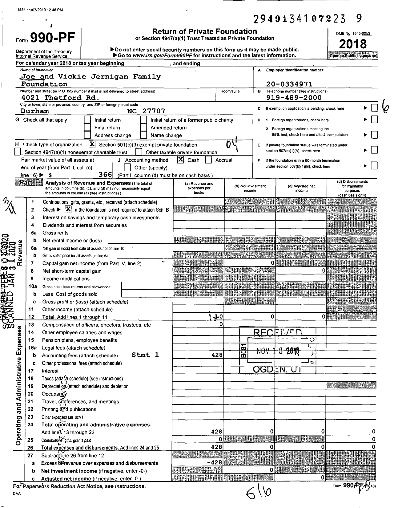 Image of first page of 2018 Form 990PF for Joe and Vickie Jernigan Family Foundation