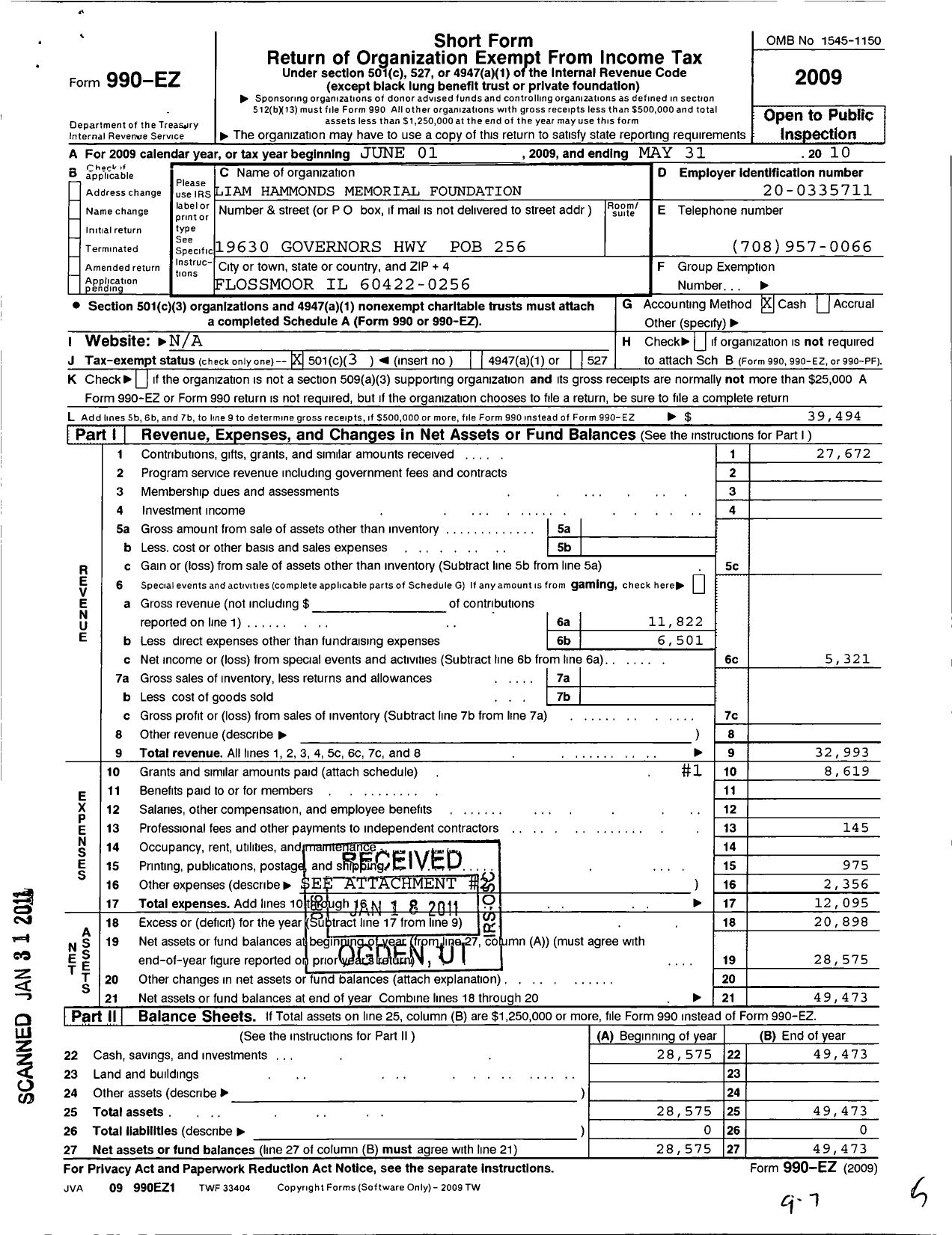 Image of first page of 2009 Form 990EZ for Liam Hammonds Memorial Foundation