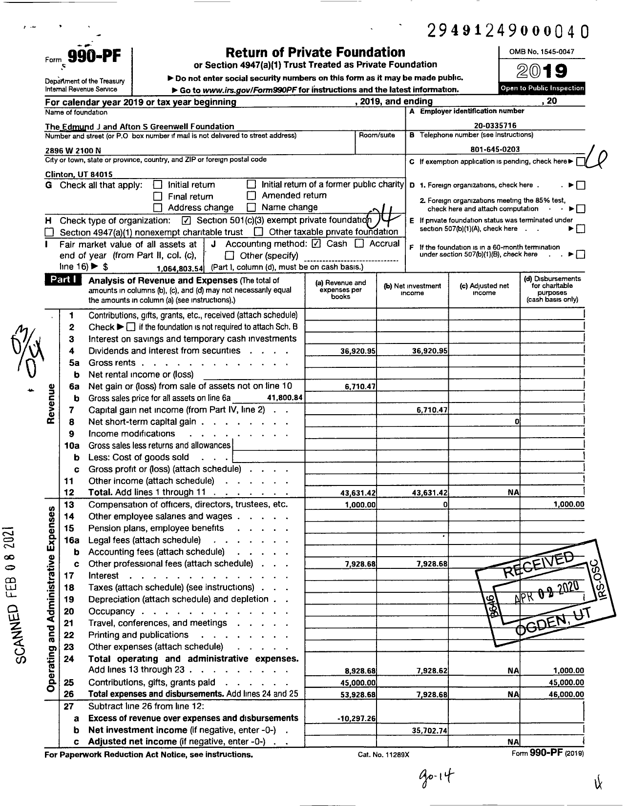 Image of first page of 2019 Form 990PF for Edmund J and Afton S Greenwell Foundation