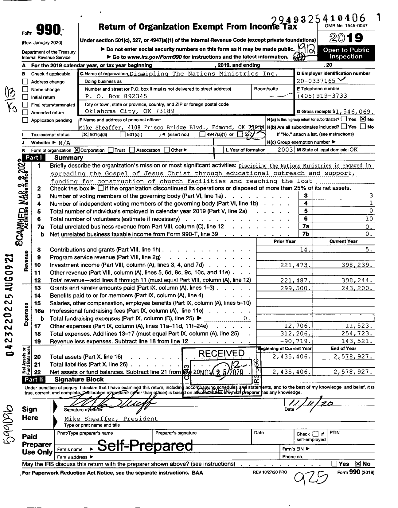 Image of first page of 2019 Form 990 for Discipling the Nations Ministries (DNI)