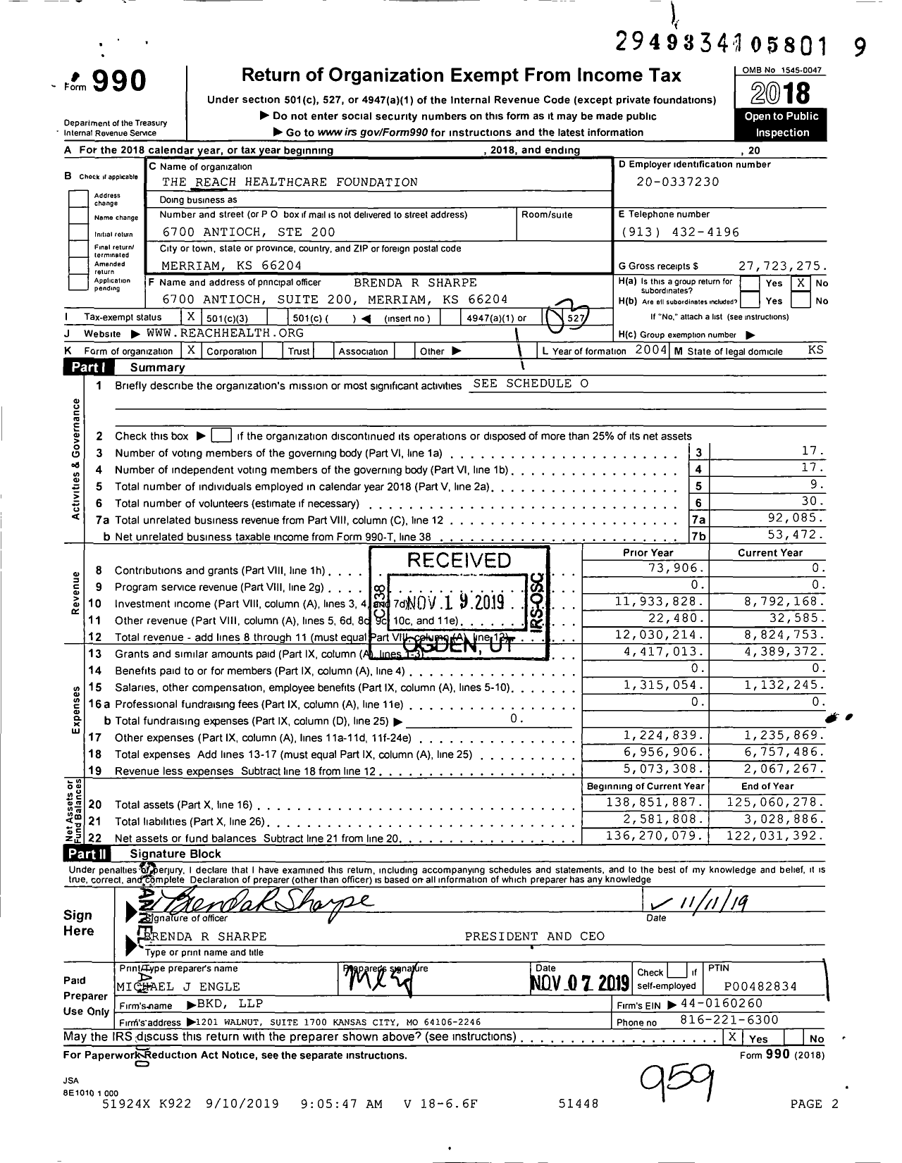 Image of first page of 2018 Form 990 for Reach Healthcare Foundation