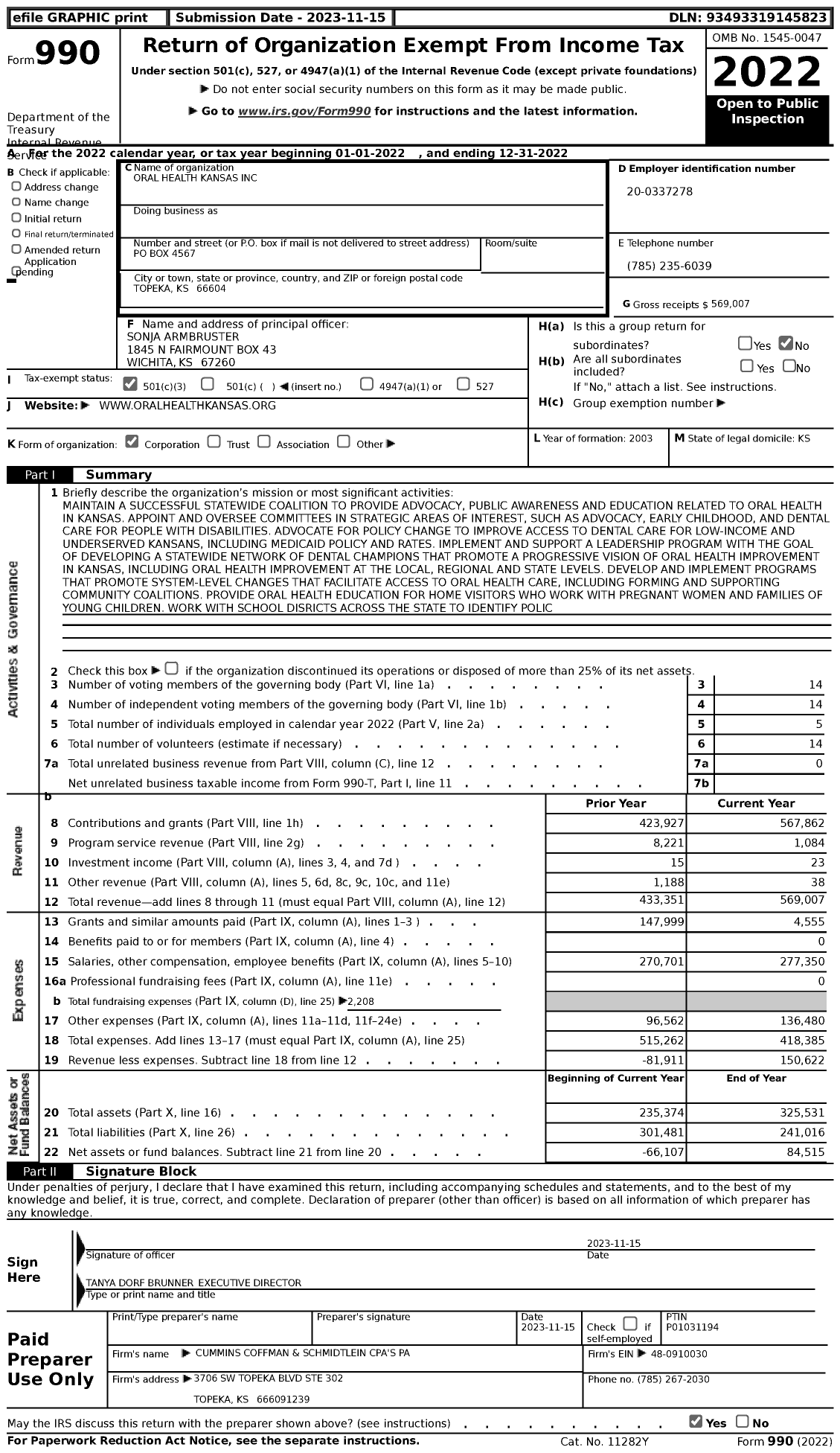 Image of first page of 2022 Form 990 for Oral Health Kansas