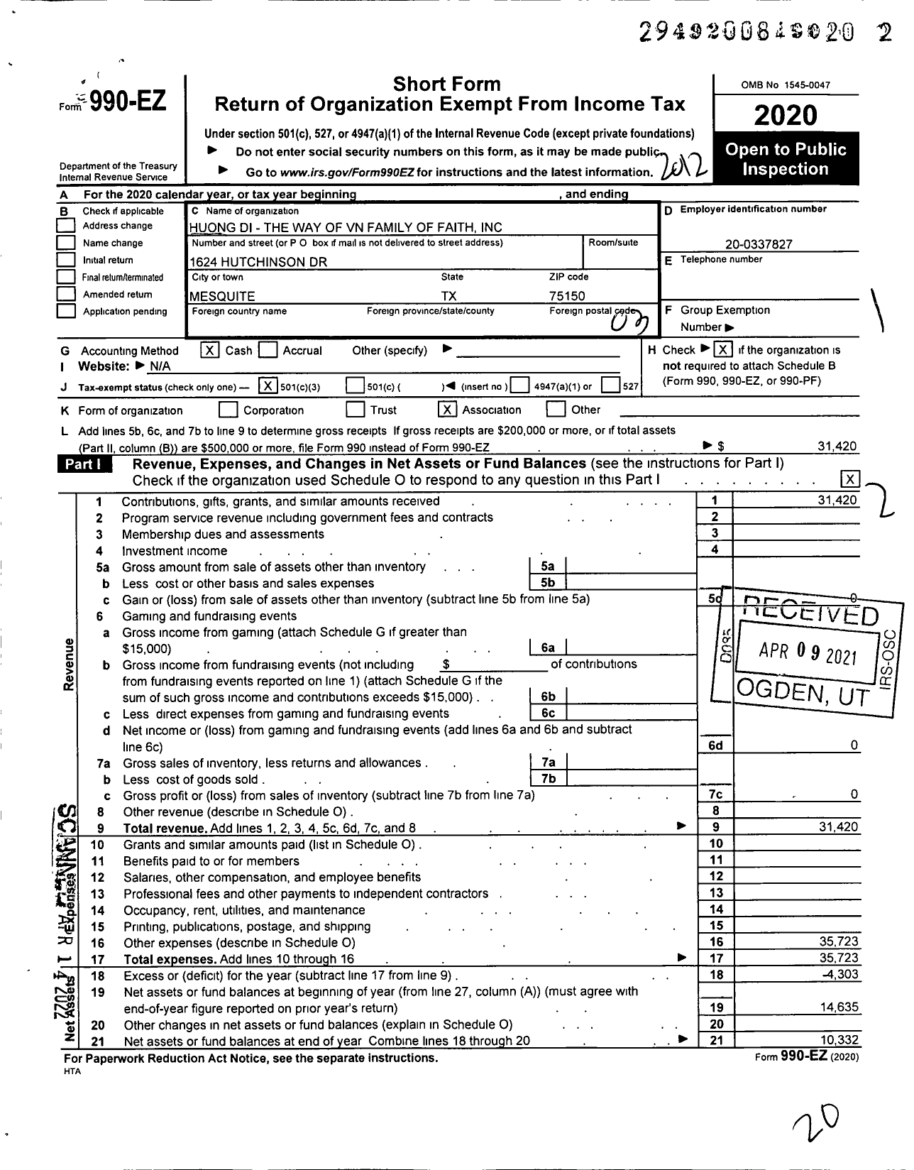 Image of first page of 2020 Form 990EZ for Huong Di - The Way of VN Family of Faith