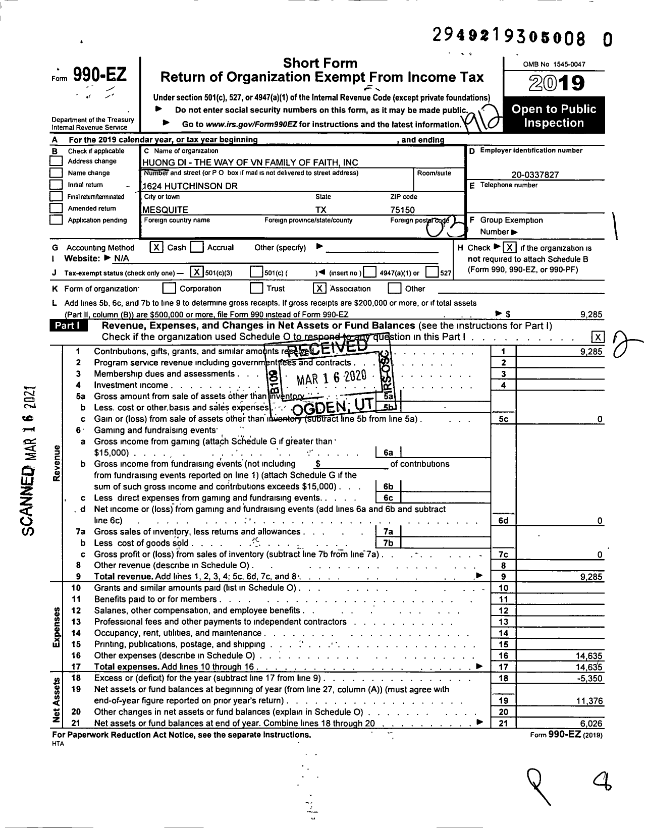 Image of first page of 2019 Form 990EZ for Huong Di - The Way of VN Family of Faith