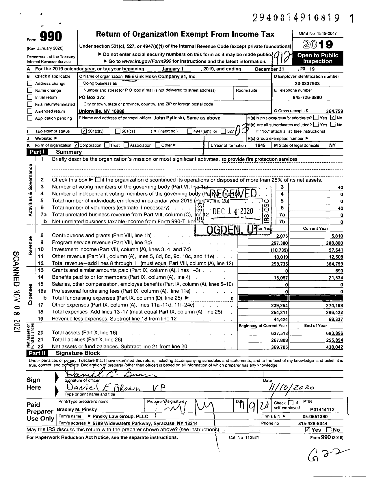 Image of first page of 2019 Form 990 for Minisink Hose Company No 1