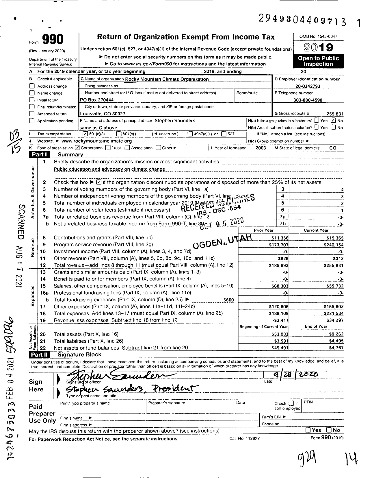 Image of first page of 2019 Form 990 for Rocky Mountain Climate Organization