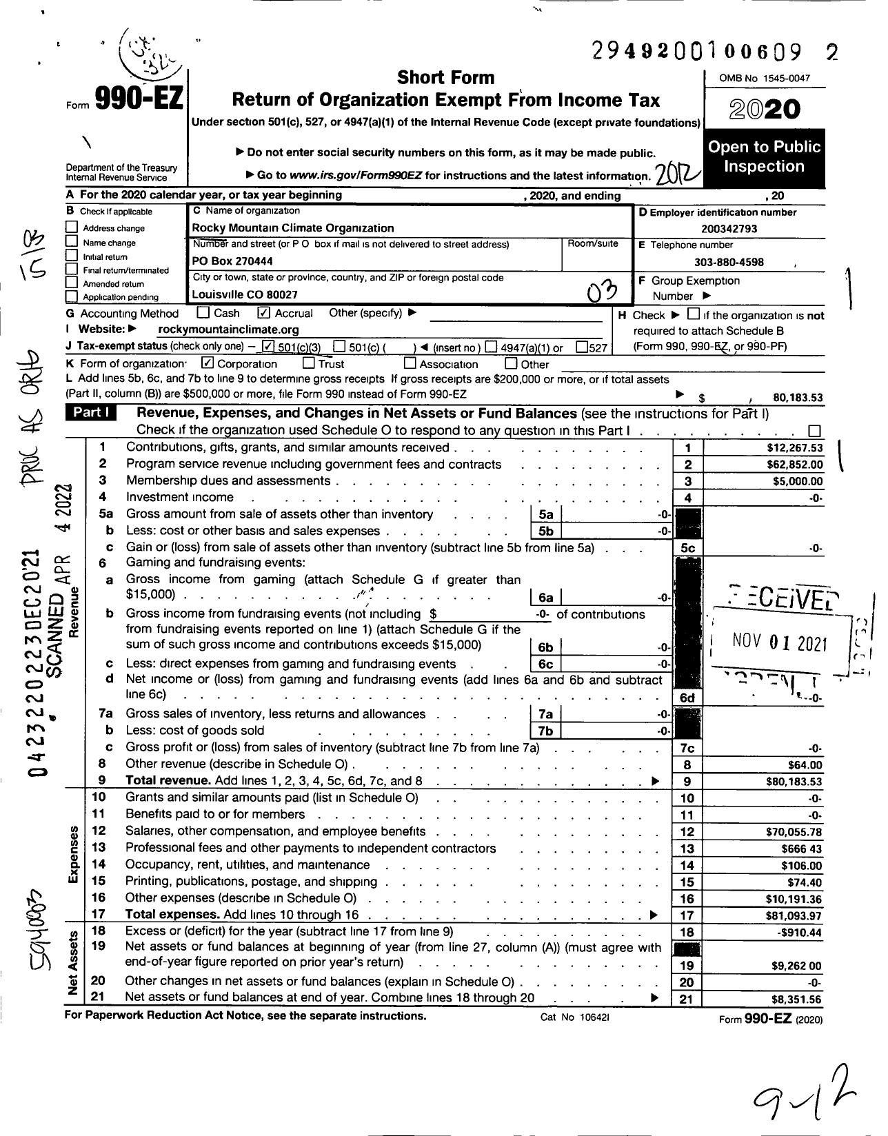 Image of first page of 2020 Form 990EZ for Rocky Mountain Climate Organization