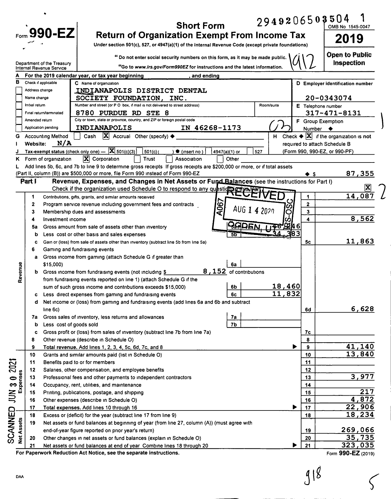 Image of first page of 2019 Form 990EZ for Indianapolis District Dental Society Foundation