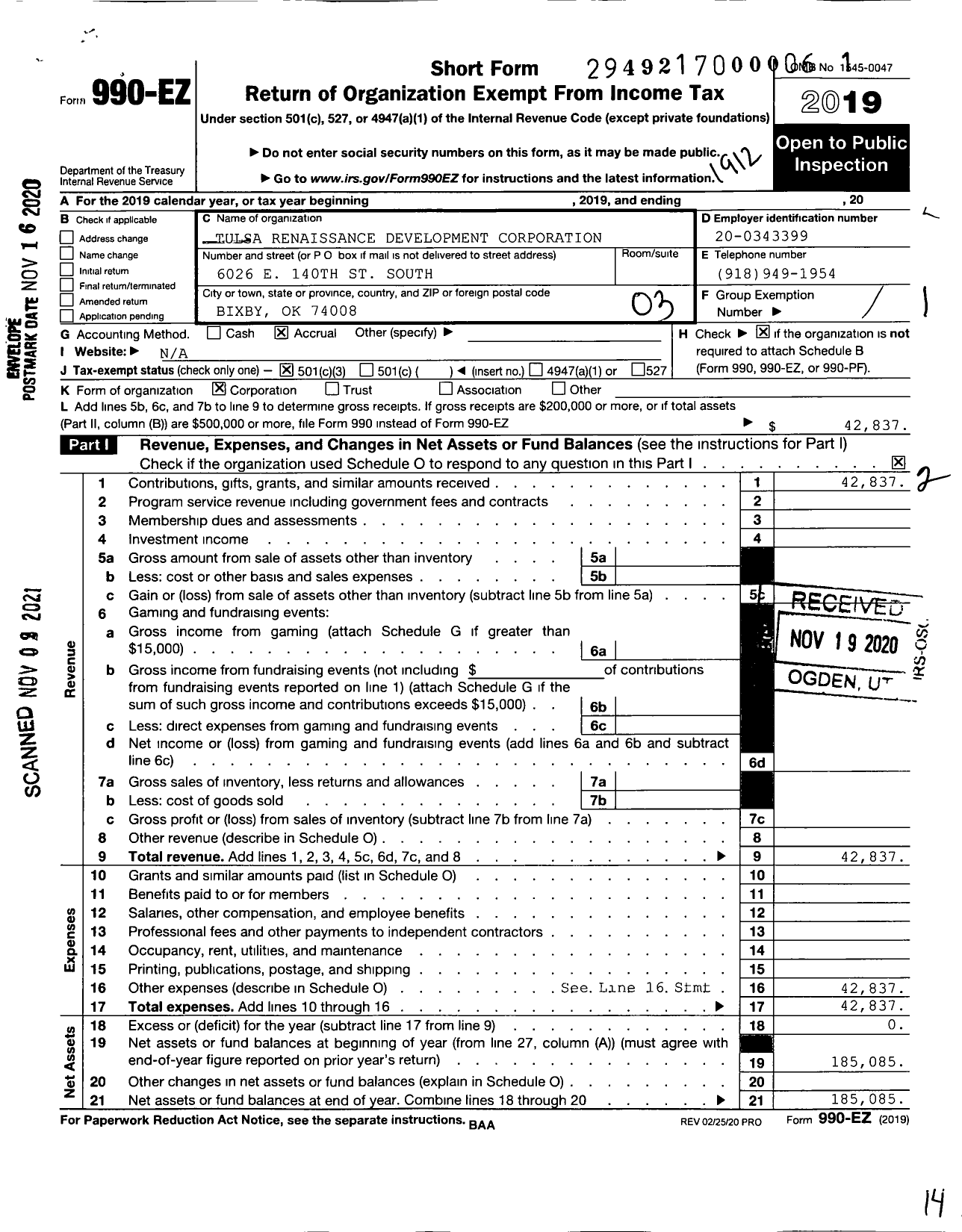 Image of first page of 2019 Form 990EZ for Tulsa Renaissance Development Corporation