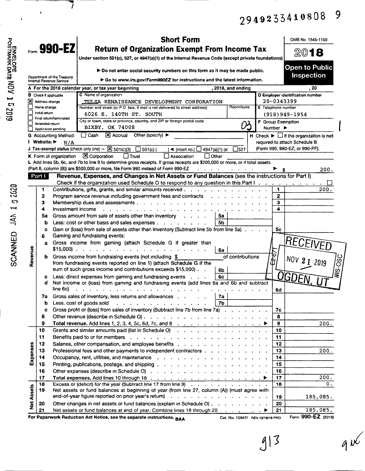 Image of first page of 2018 Form 990EZ for Tulsa Renaissance Development Corporation