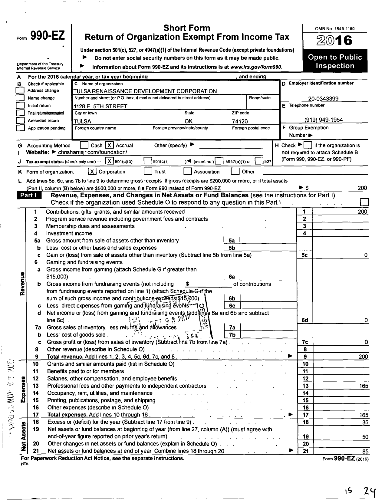 Image of first page of 2016 Form 990EZ for Tulsa Renaissance Development Corporation
