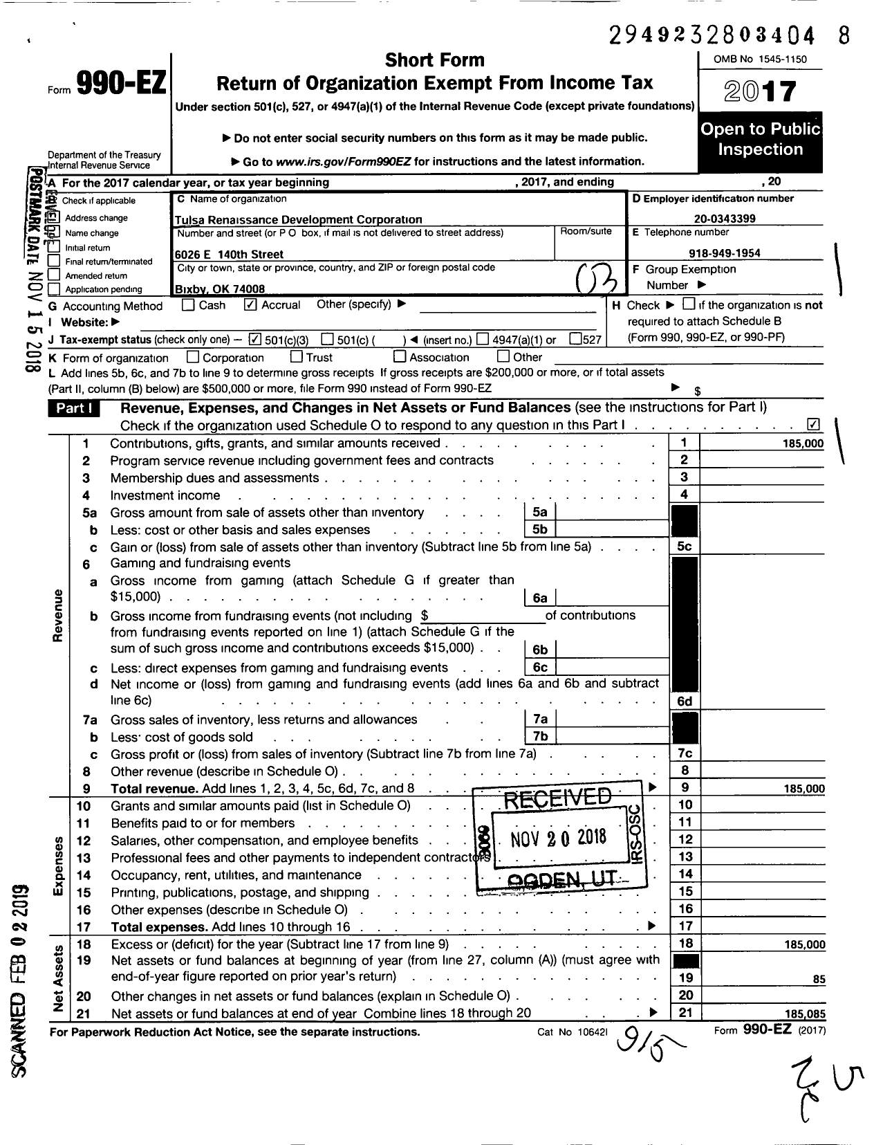 Image of first page of 2017 Form 990EZ for Tulsa Renaissance Development Corporation