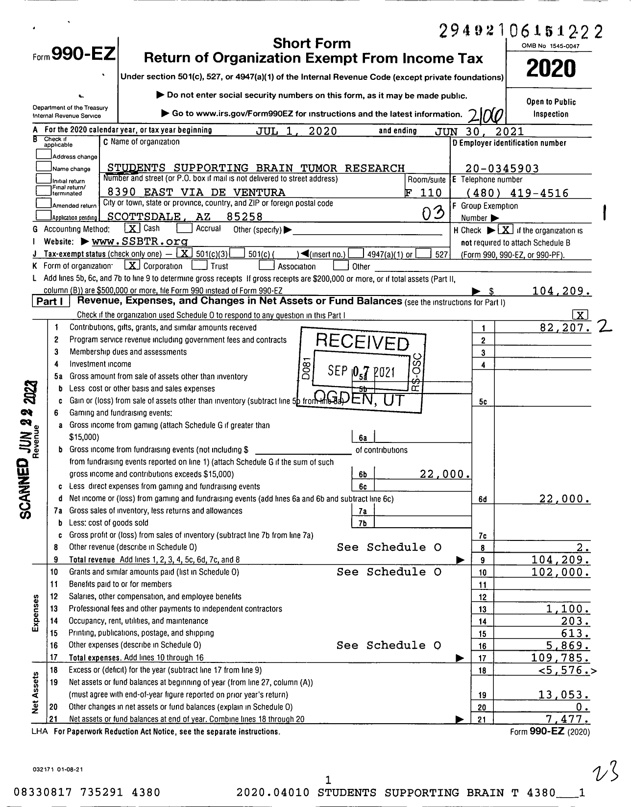 Image of first page of 2020 Form 990EZ for Students Supporting Brain Tumor Research