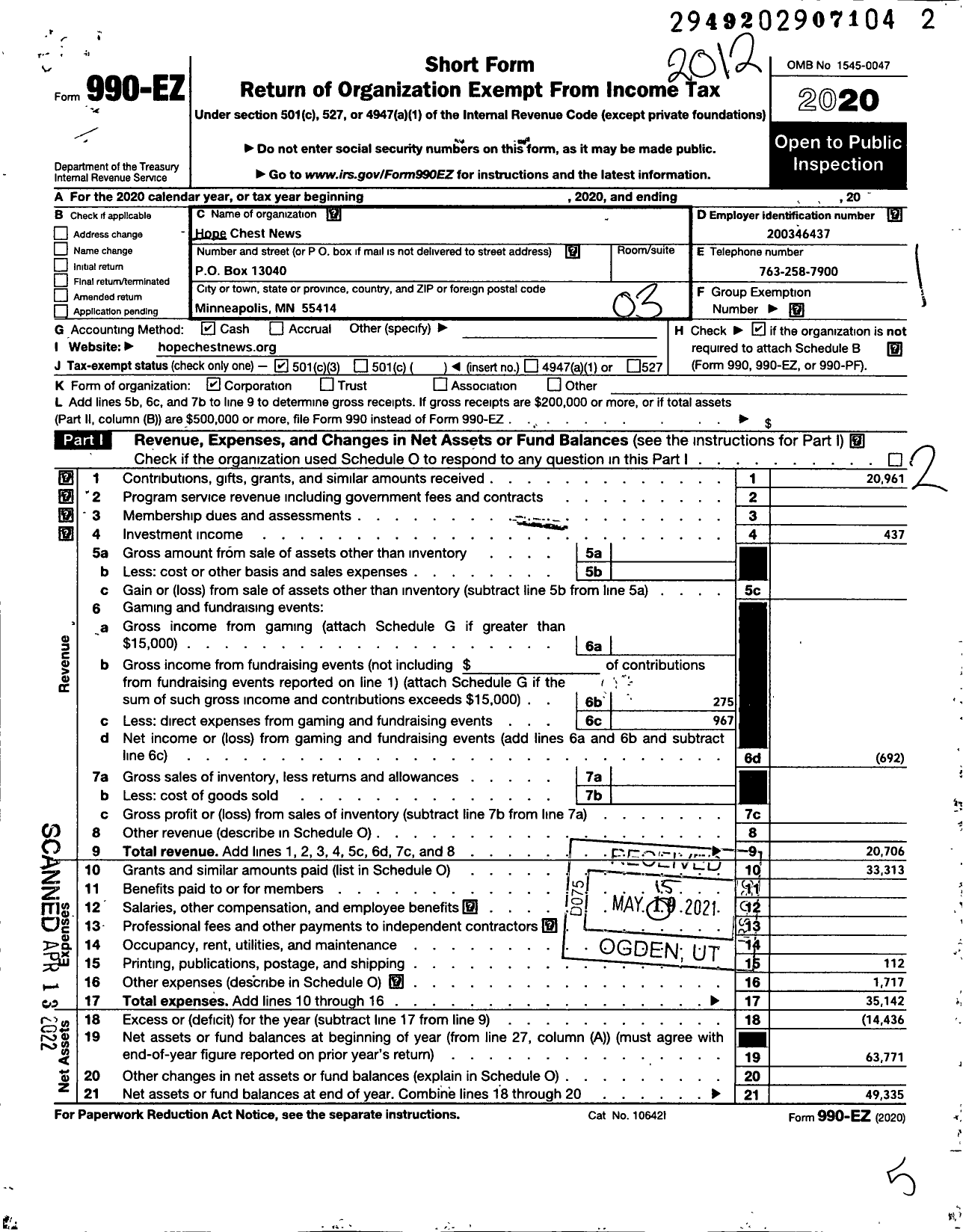 Image of first page of 2020 Form 990EZ for Breathing New Life