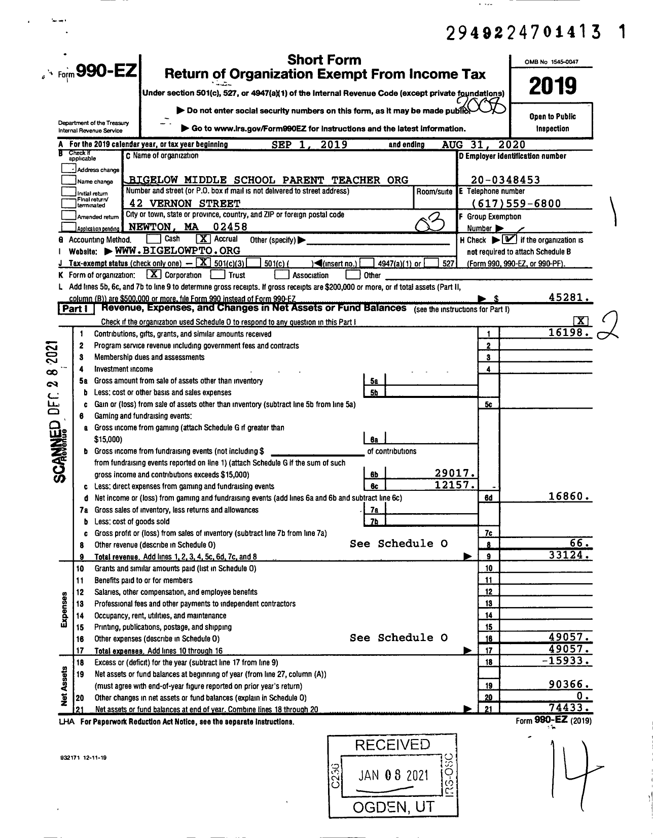 Image of first page of 2019 Form 990EZ for Bigelow Middle School Parent- Teacher Organization