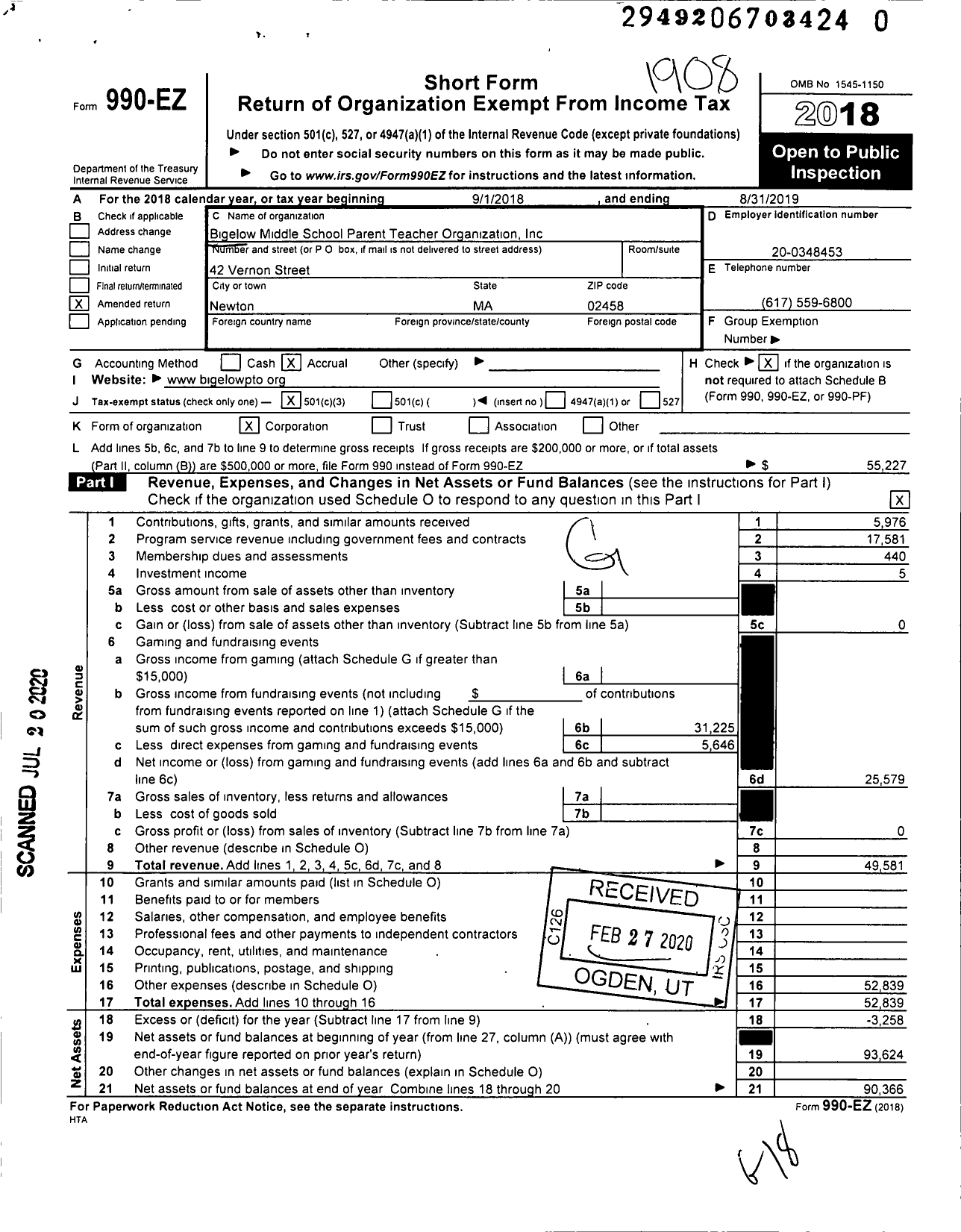 Image of first page of 2018 Form 990EZ for Bigelow Middle School Parent- Teacher Organization