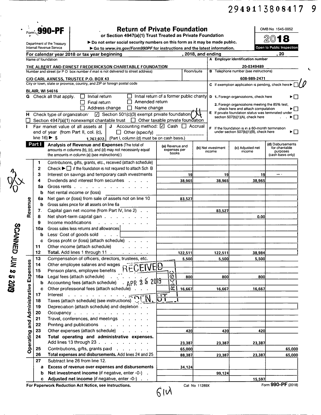 Image of first page of 2018 Form 990PF for The Albert and Ernest Frederickson Charitable Foundation