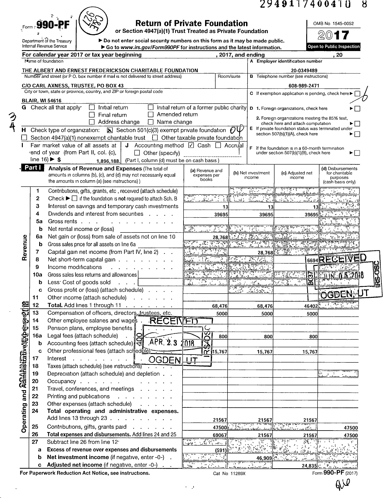 Image of first page of 2017 Form 990PF for The Albert and Ernest Frederickson Charitable Foundation