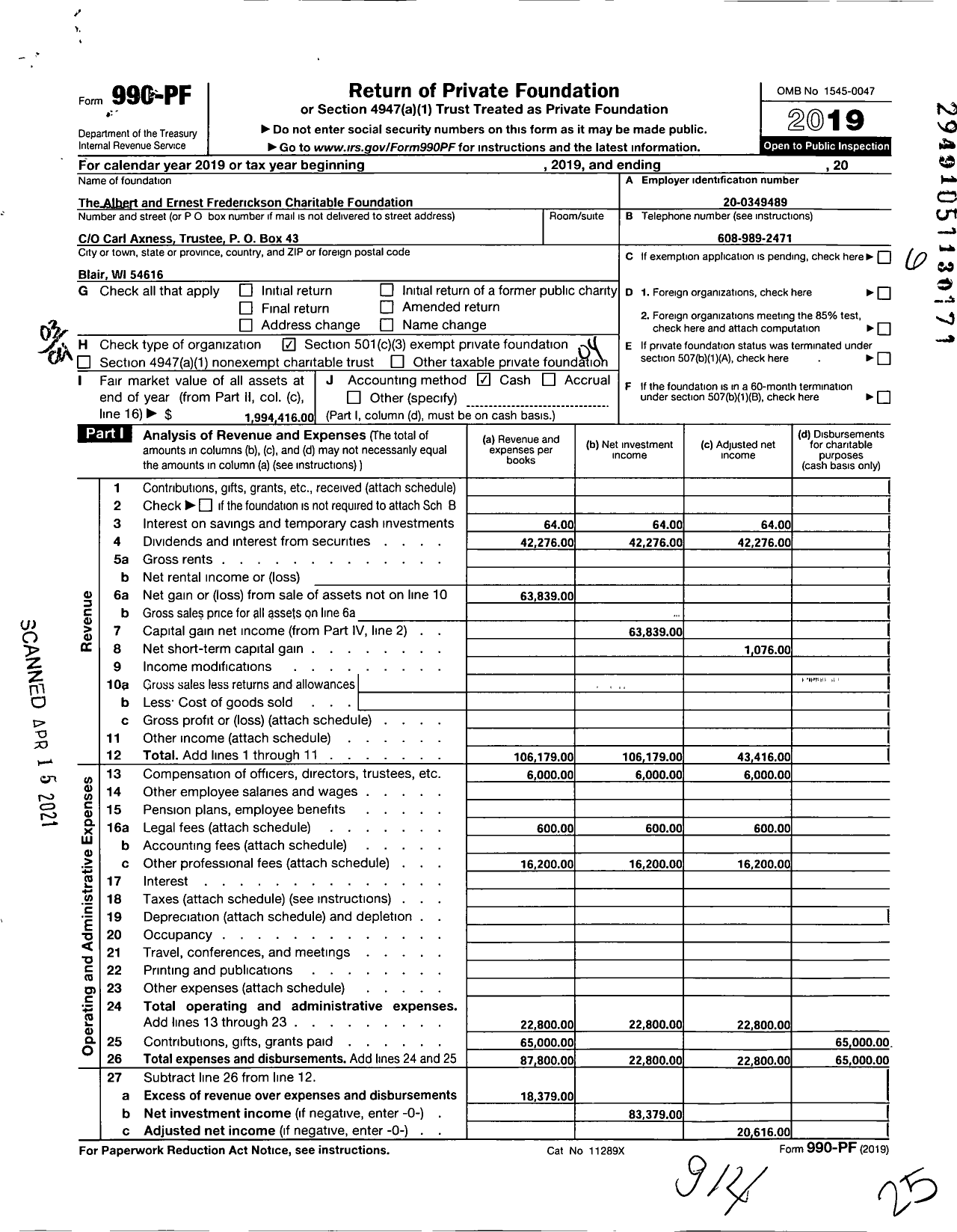 Image of first page of 2019 Form 990PF for The Albert and Ernest Frederickson Charitable Foundation