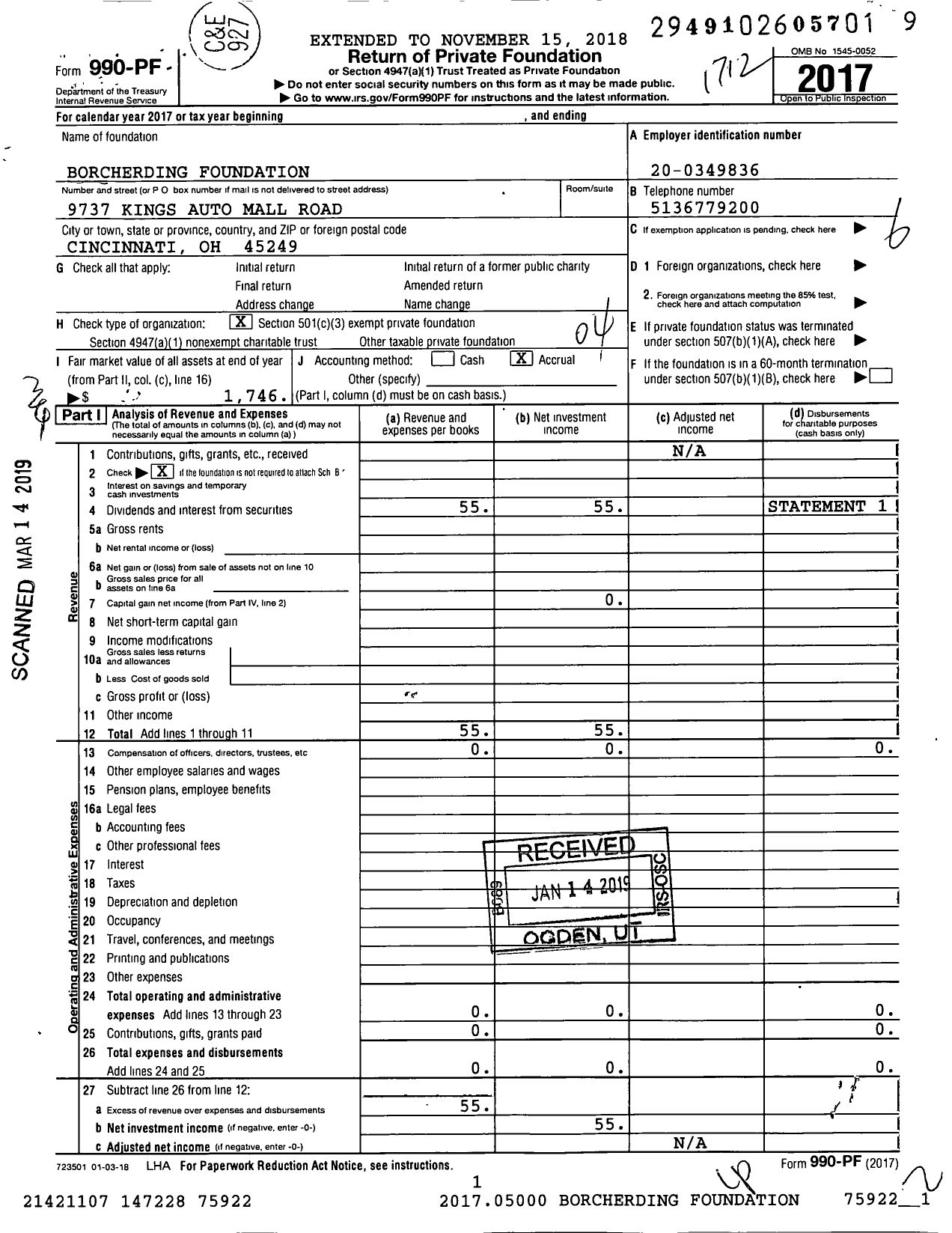 Image of first page of 2017 Form 990PF for Borcherding Foundation