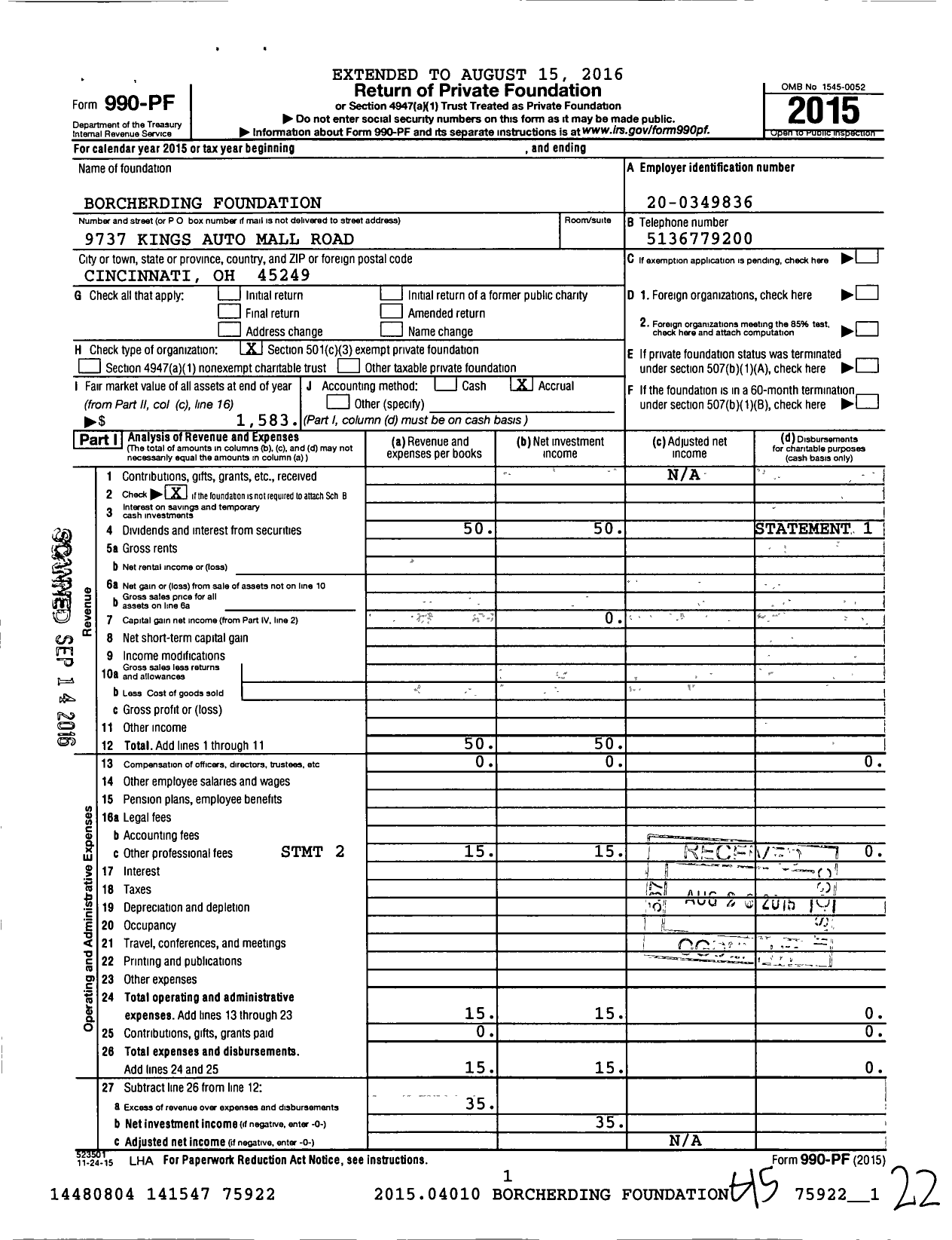 Image of first page of 2015 Form 990PF for Borcherding Foundation