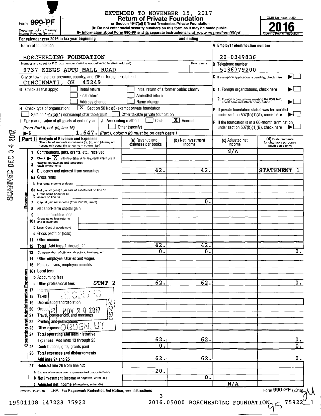 Image of first page of 2016 Form 990PF for Borcherding Foundation