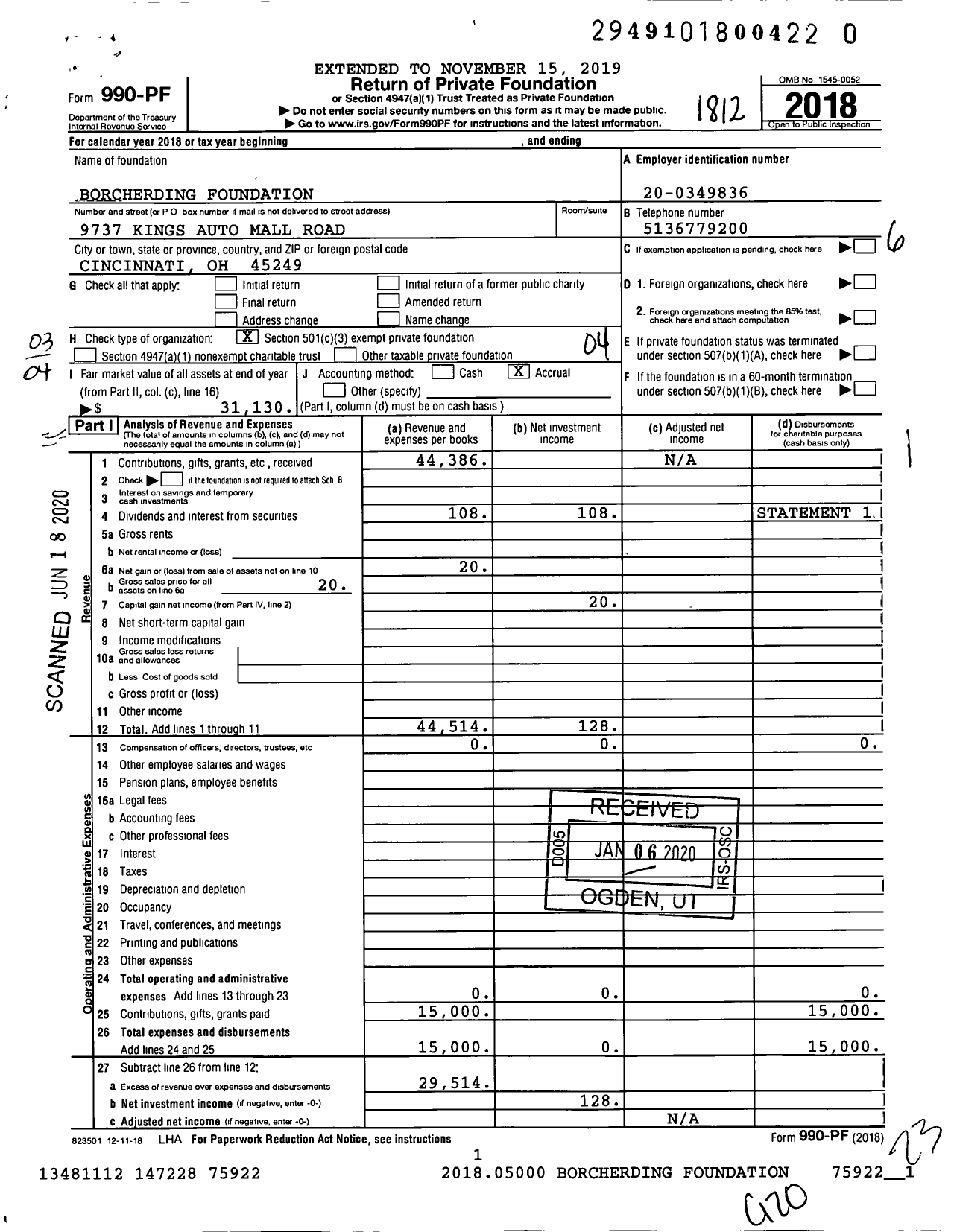 Image of first page of 2018 Form 990PR for Borcherding Foundation