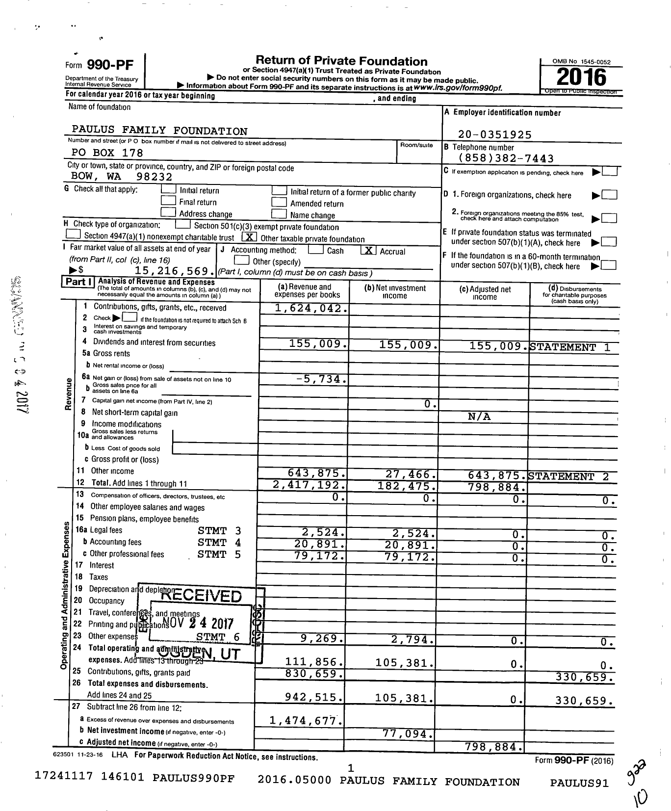 Image of first page of 2016 Form 990PF for Paulus Family Foundation