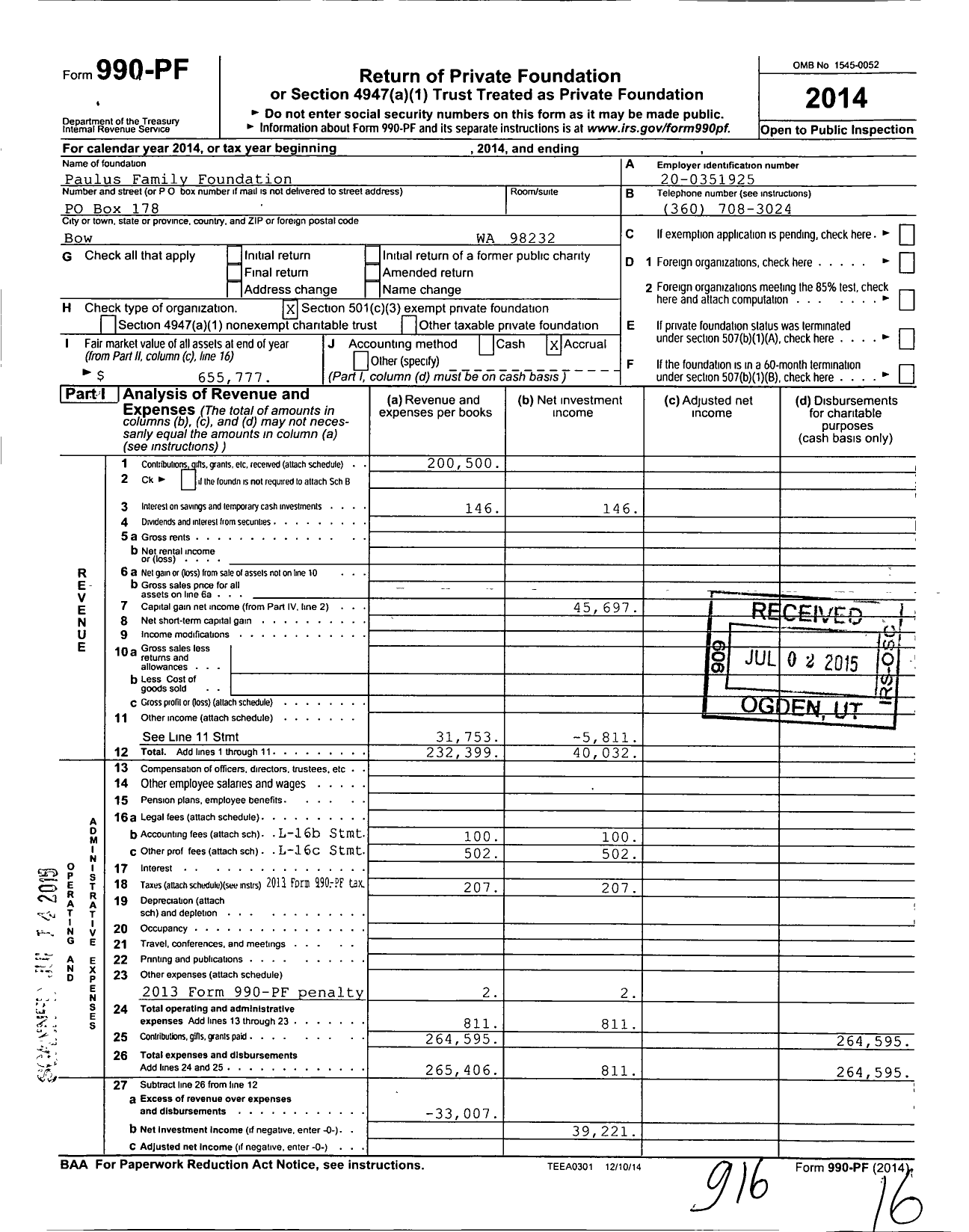 Image of first page of 2014 Form 990PF for Paulus Family Foundation