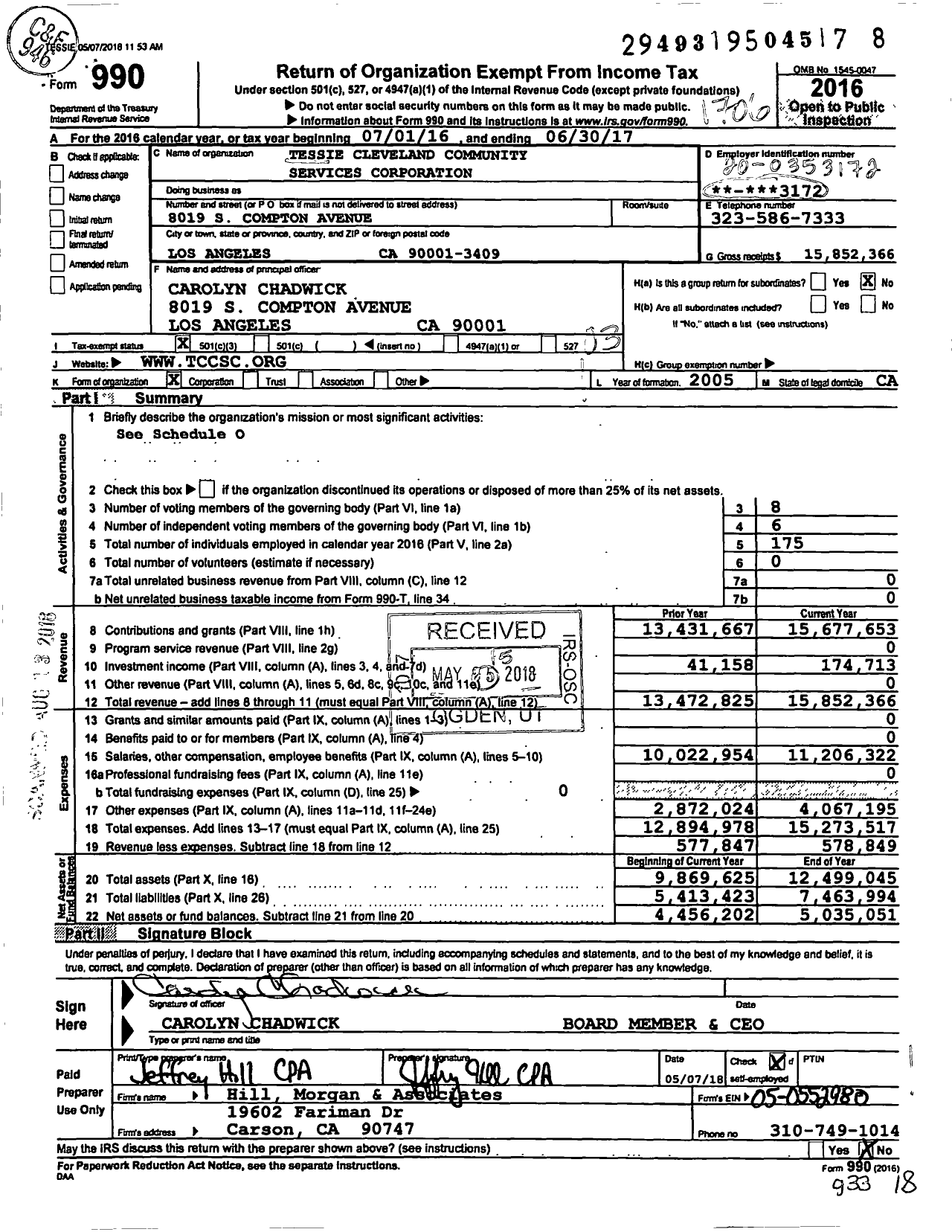Image of first page of 2016 Form 990 for Tessie Cleveland Community Services Corporation (TCCSC)