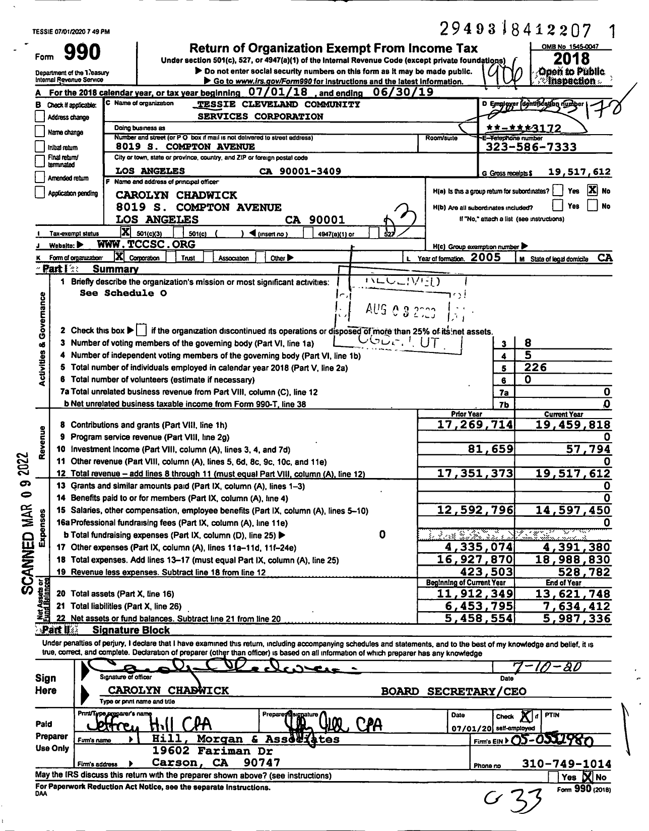 Image of first page of 2018 Form 990 for Tessie Cleveland Community Services Corporation (TCCSC)