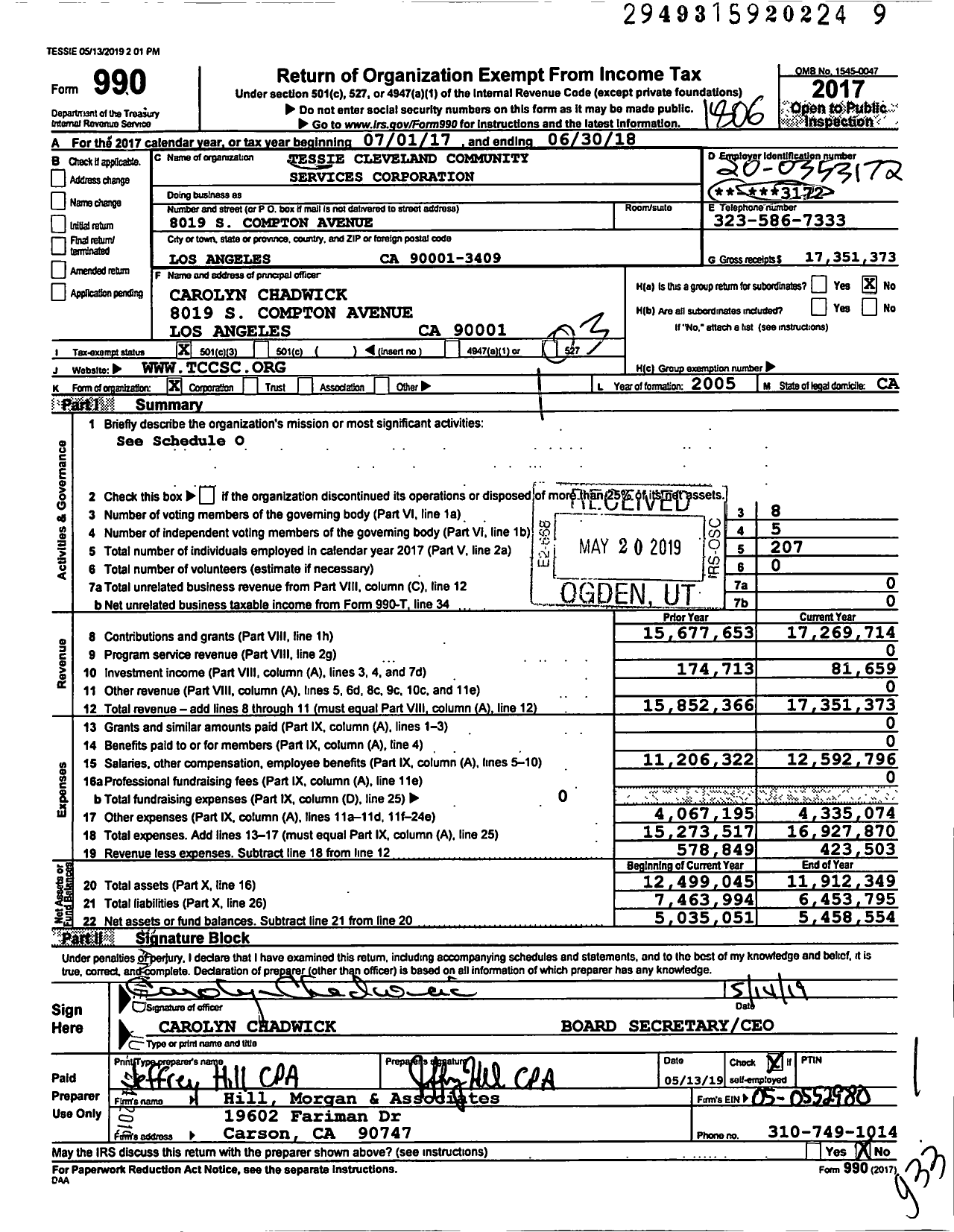 Image of first page of 2017 Form 990 for Tessie Cleveland Community Services Corporation (TCCSC)