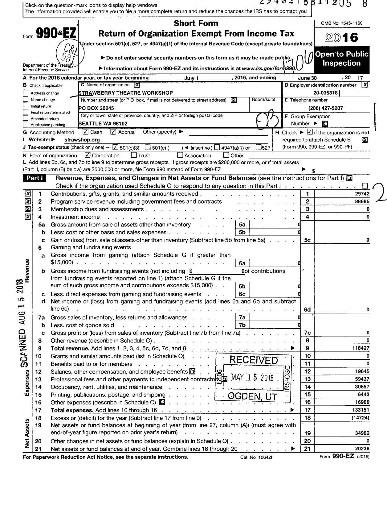 Image of first page of 2016 Form 990EZ for Strawberry Theatre Workshop