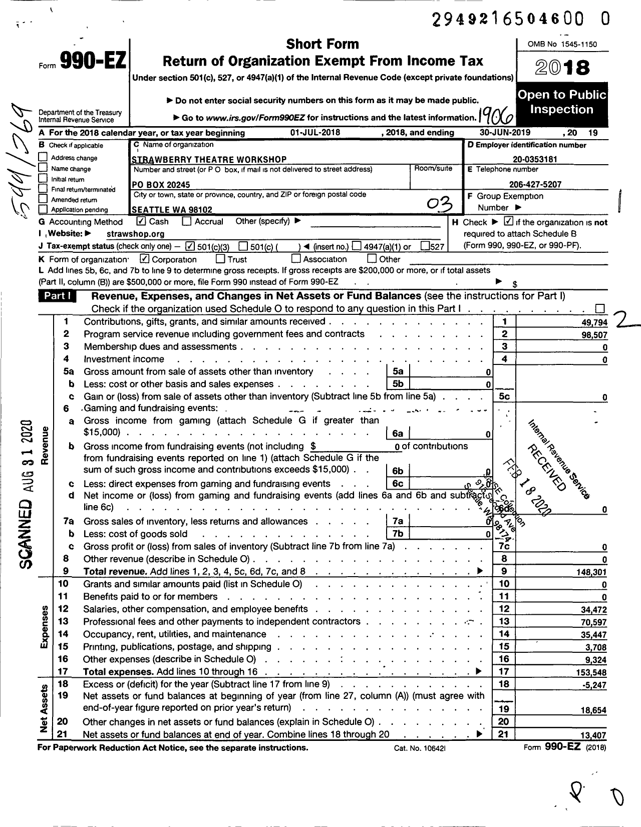 Image of first page of 2018 Form 990EZ for Strawberry Theatre Workshop