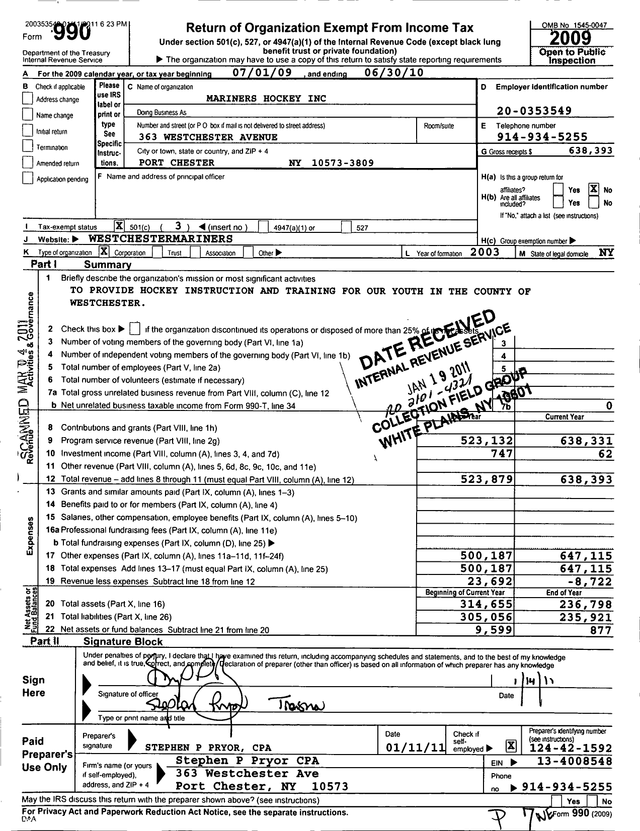 Image of first page of 2009 Form 990 for Mariners Hockey