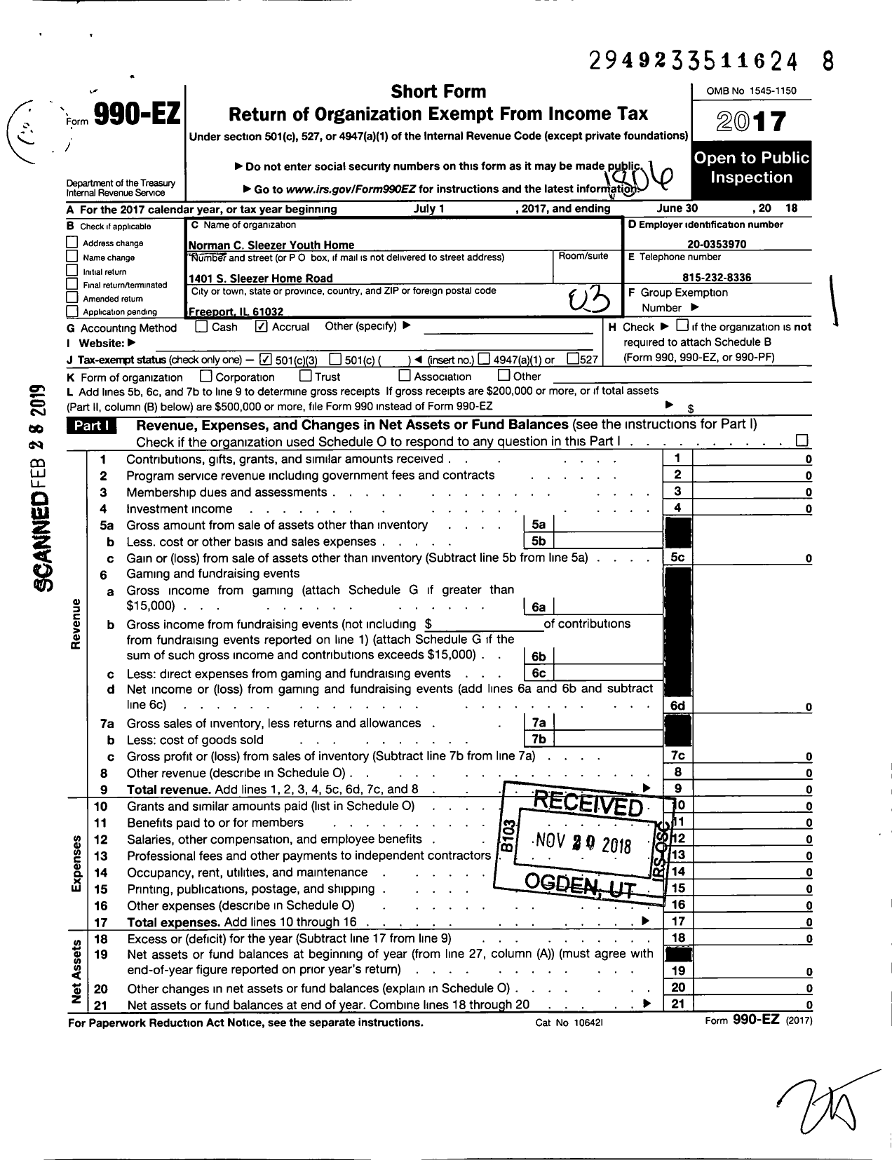 Image of first page of 2017 Form 990EZ for Norman C Sleezer Youth Home Foundation