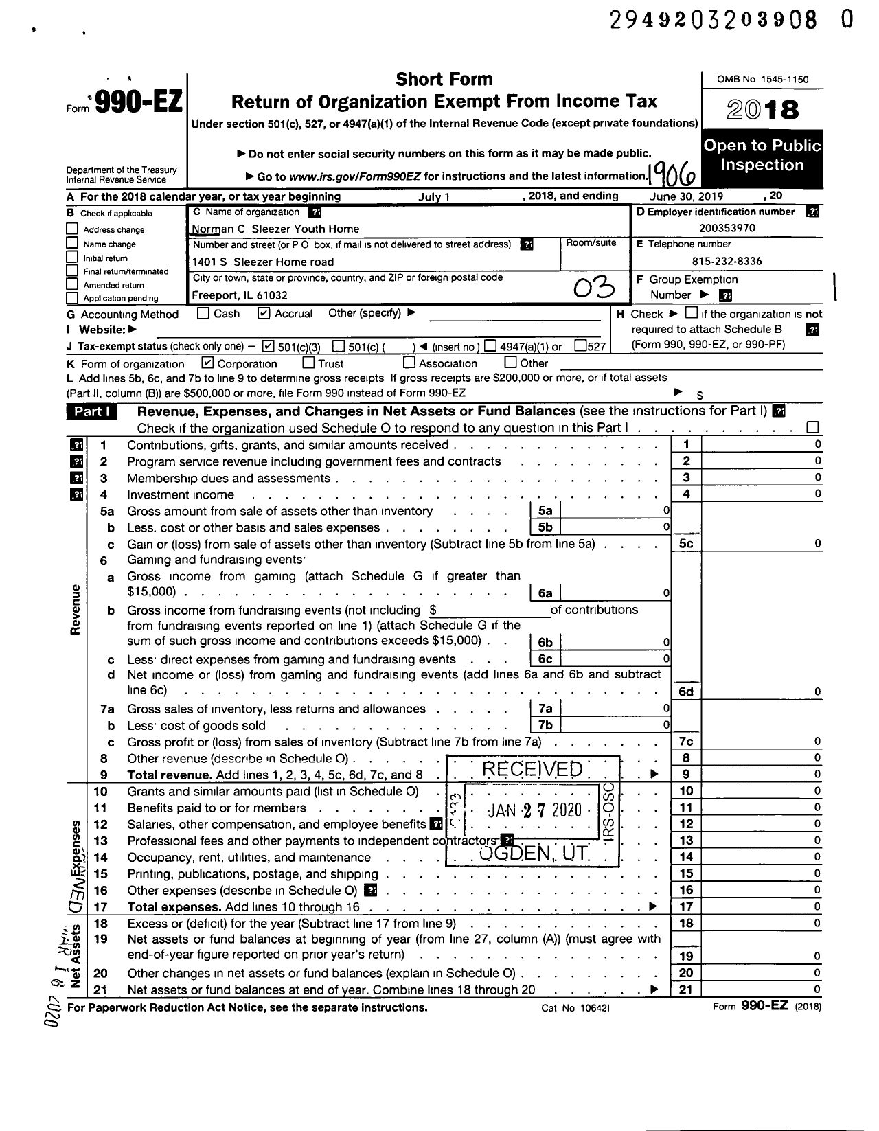 Image of first page of 2018 Form 990EZ for Norman C Sleezer Youth Home Foundation