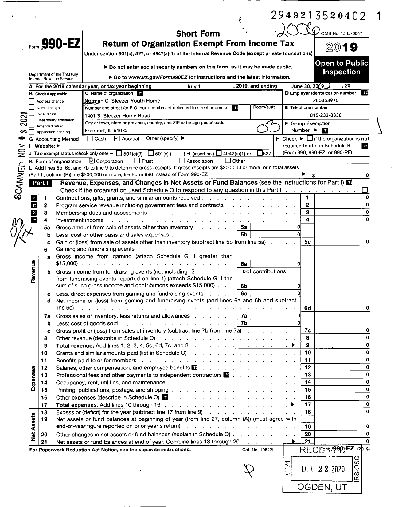 Image of first page of 2019 Form 990EZ for Norman C Sleezer Youth Home Foundation