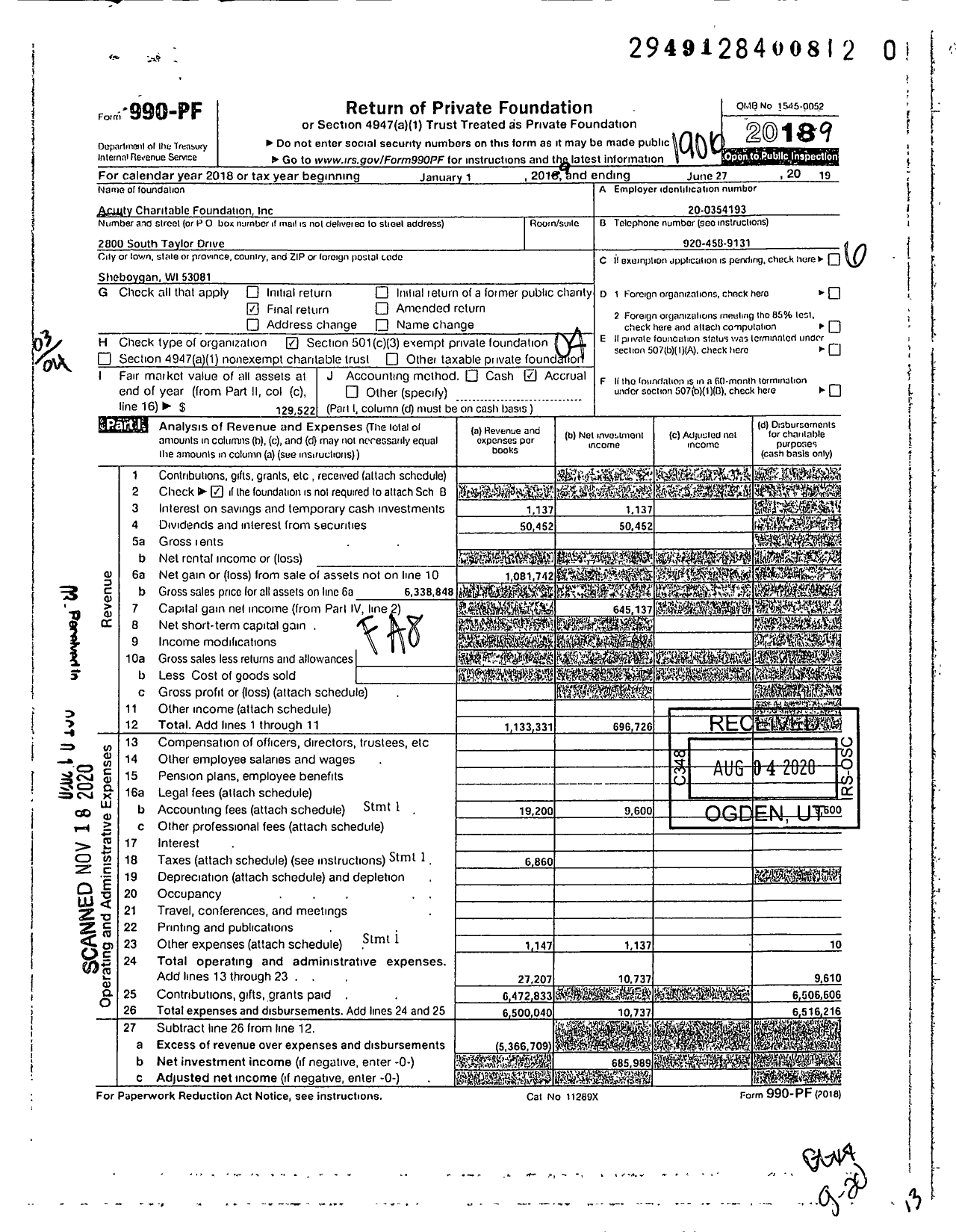 Image of first page of 2018 Form 990PF for Acuity Charitable Foundation