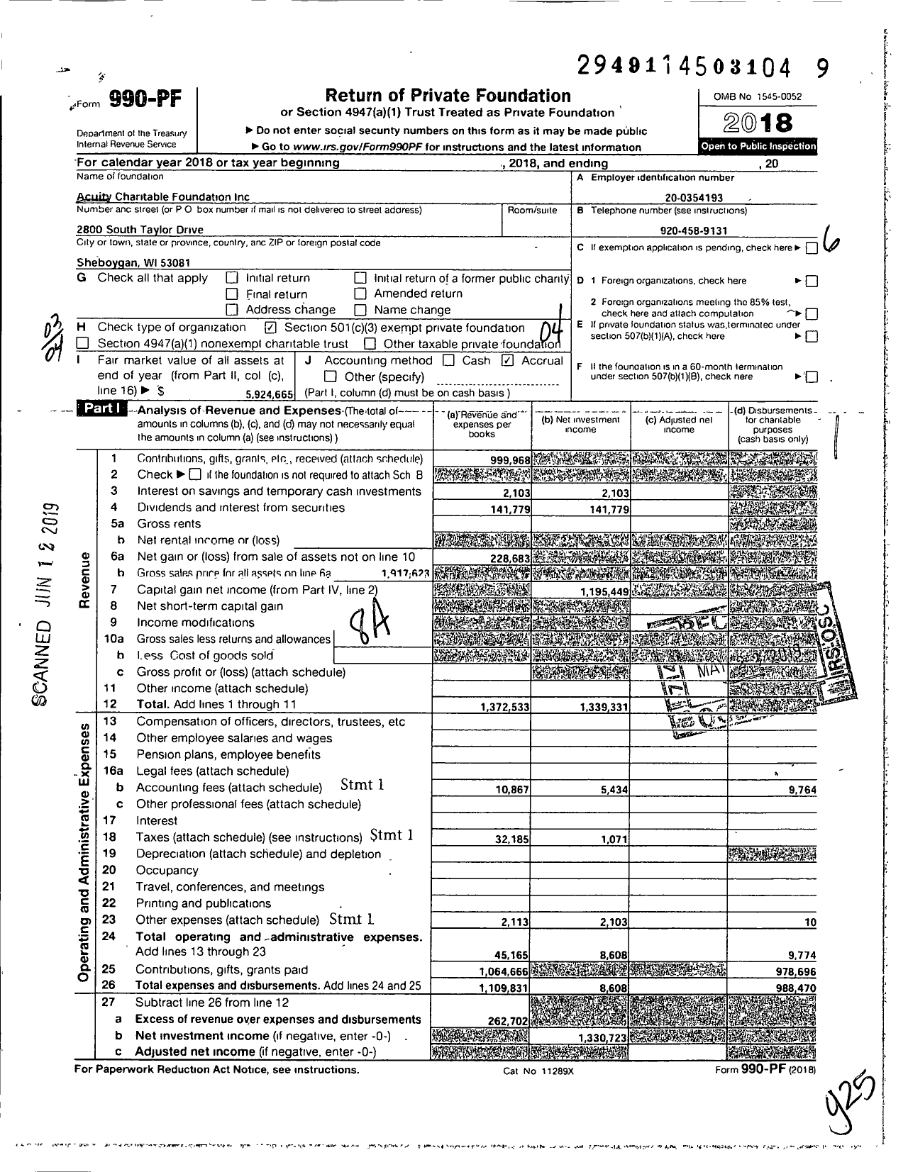 Image of first page of 2018 Form 990PF for Acuity Charitable Foundation