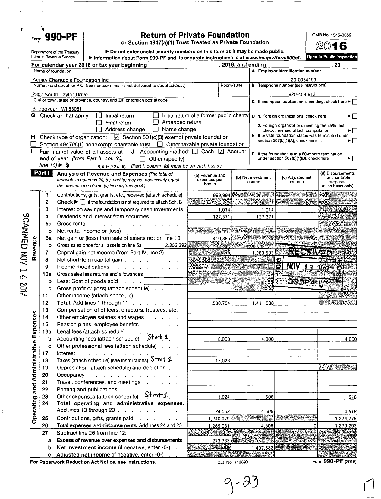 Image of first page of 2016 Form 990PF for Acuity Charitable Foundation