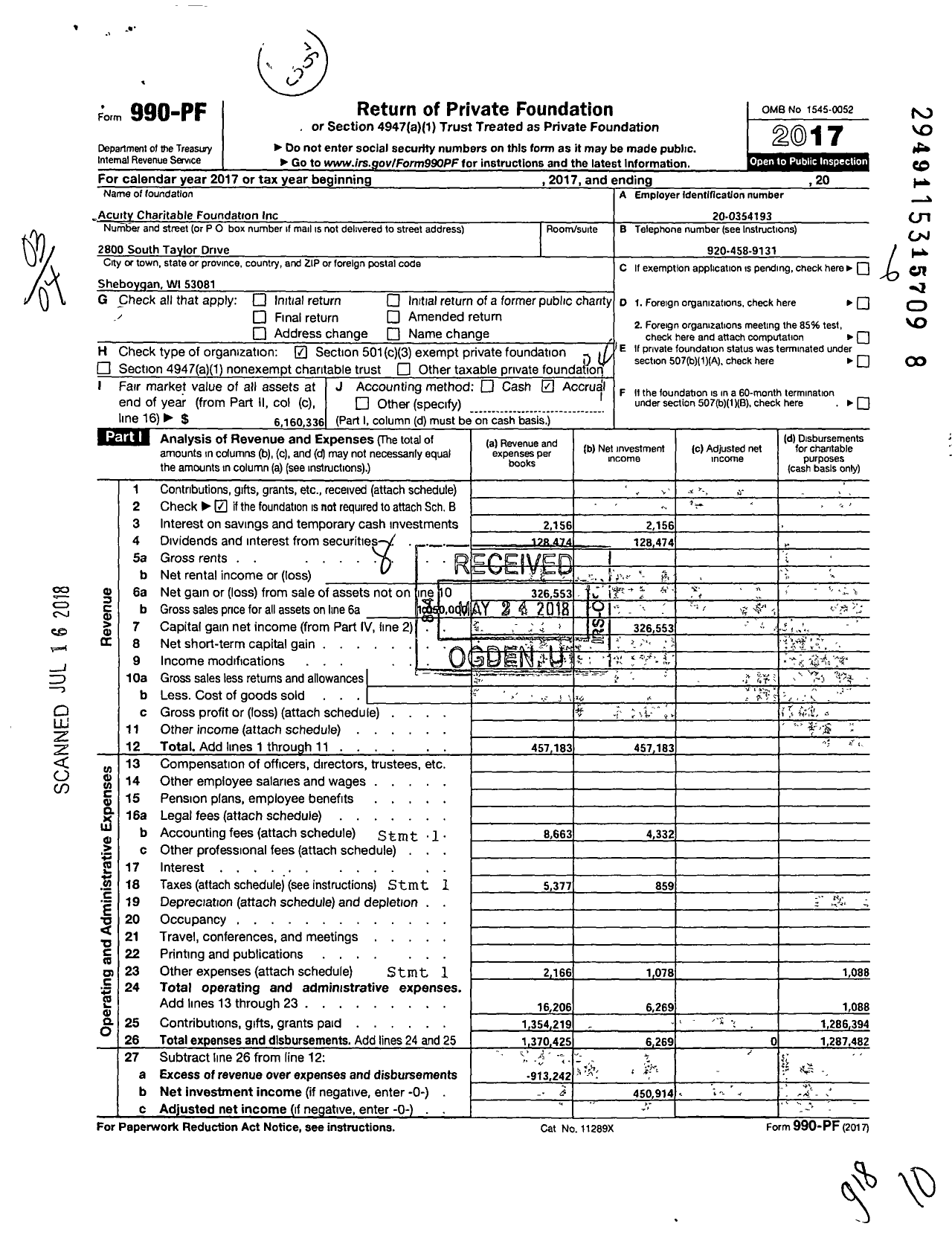 Image of first page of 2017 Form 990PF for Acuity Charitable Foundation
