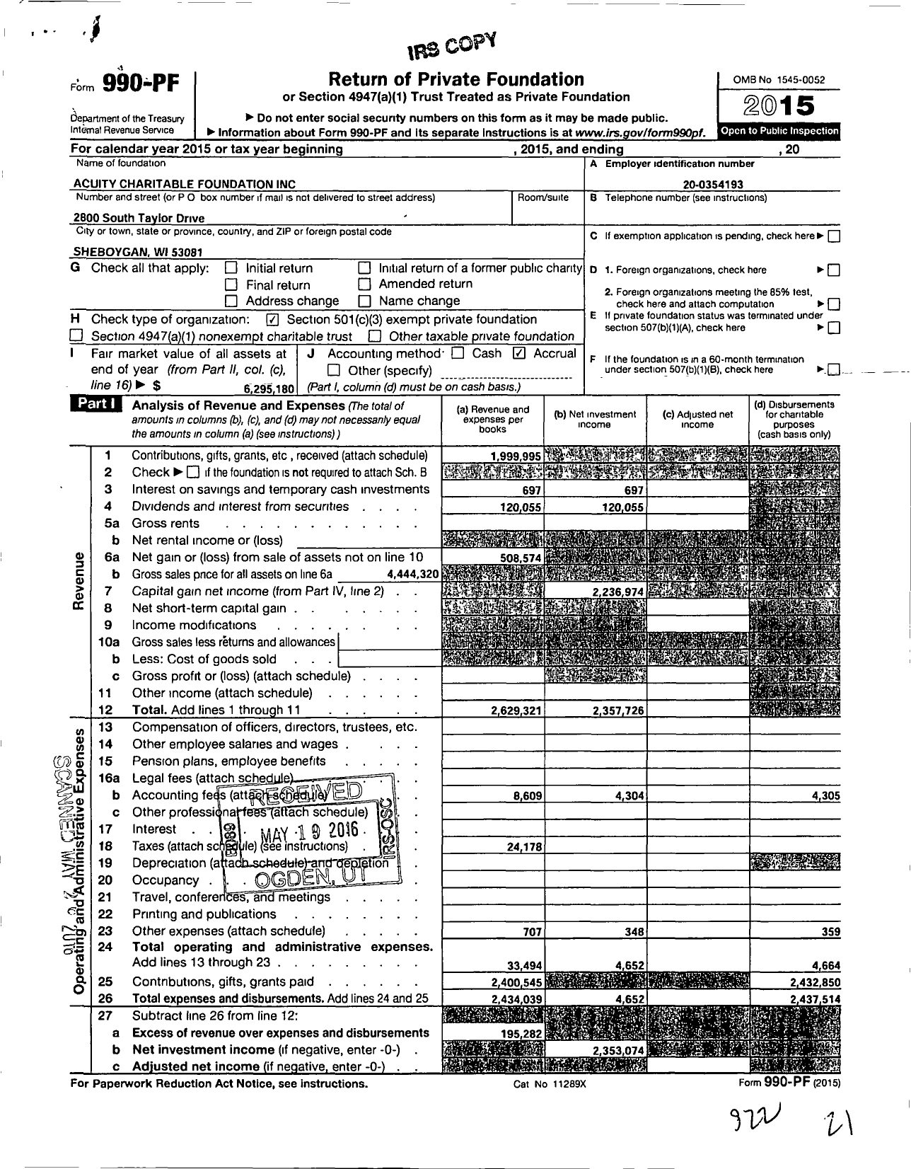 Image of first page of 2015 Form 990PF for Acuity Charitable Foundation