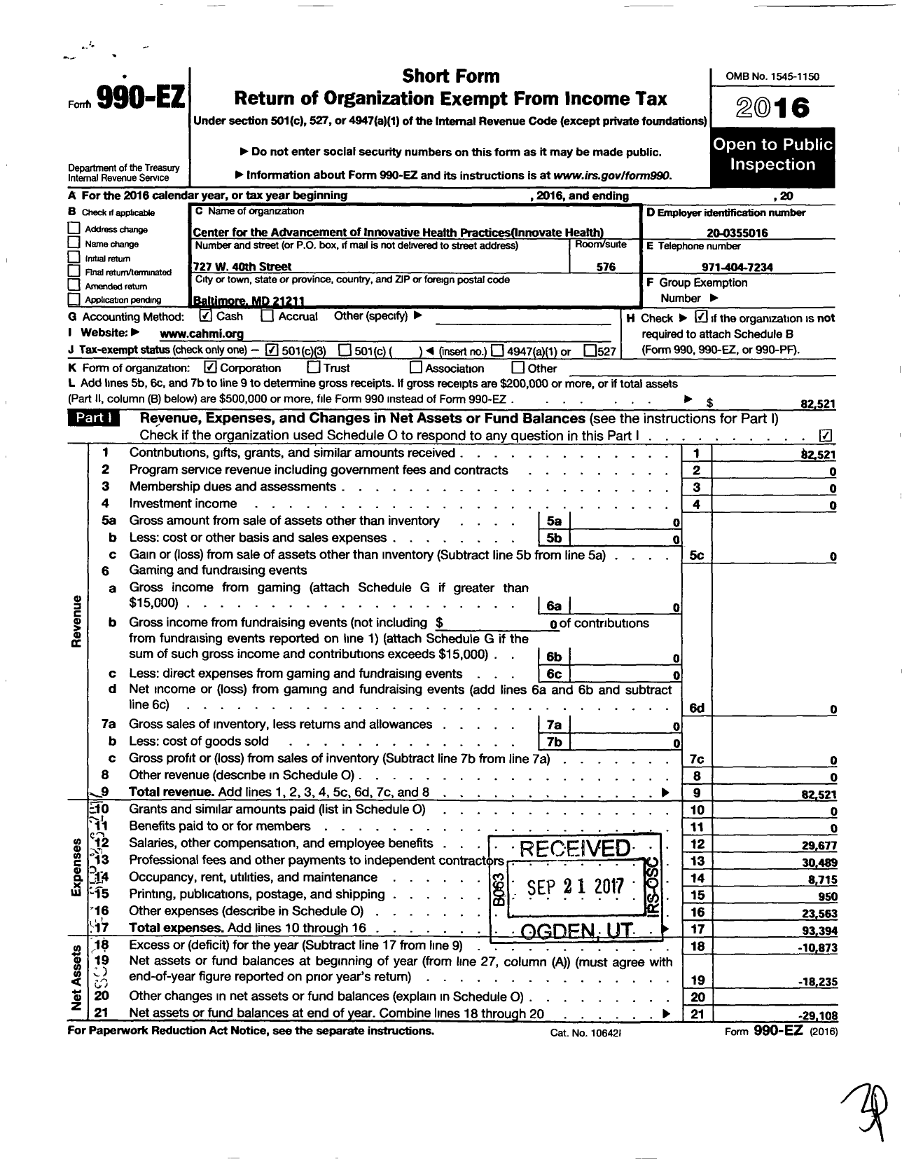 Image of first page of 2016 Form 990EZ for Center for the Advancement of Innovative Health Practices