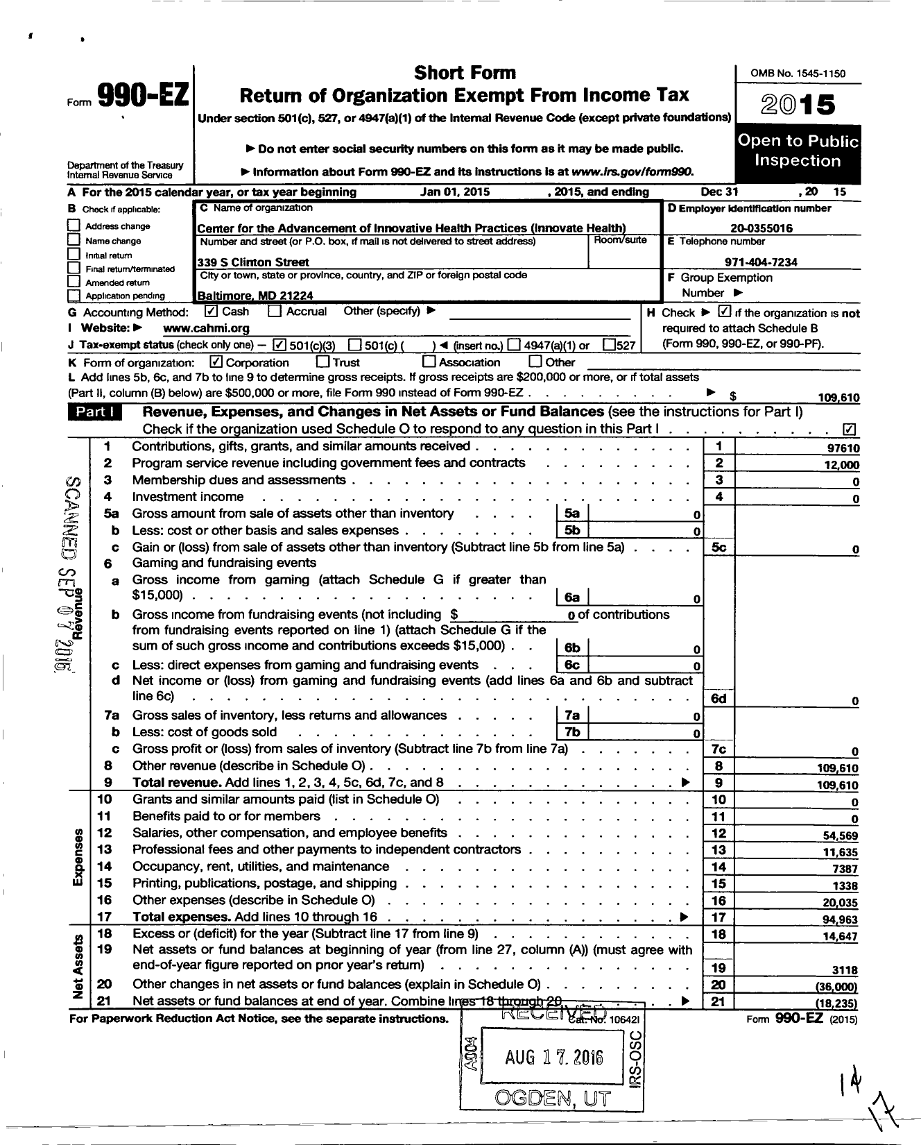 Image of first page of 2015 Form 990EZ for Center for the Advancement of Innovative Health Practices