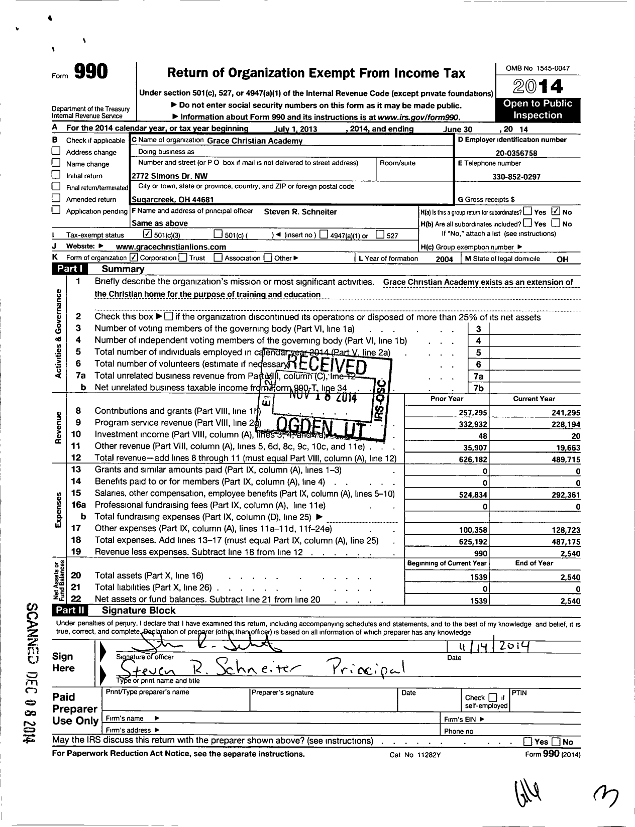 Image of first page of 2013 Form 990 for Grace Christian Academy