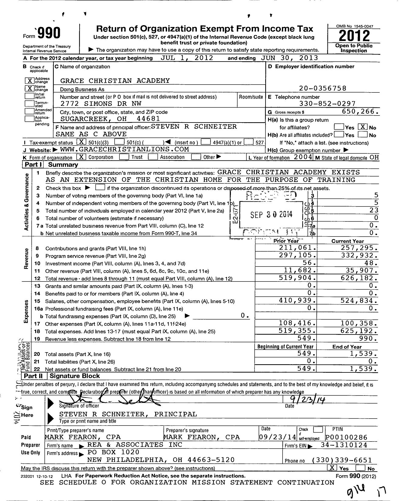 Image of first page of 2012 Form 990 for Grace Christian Academy