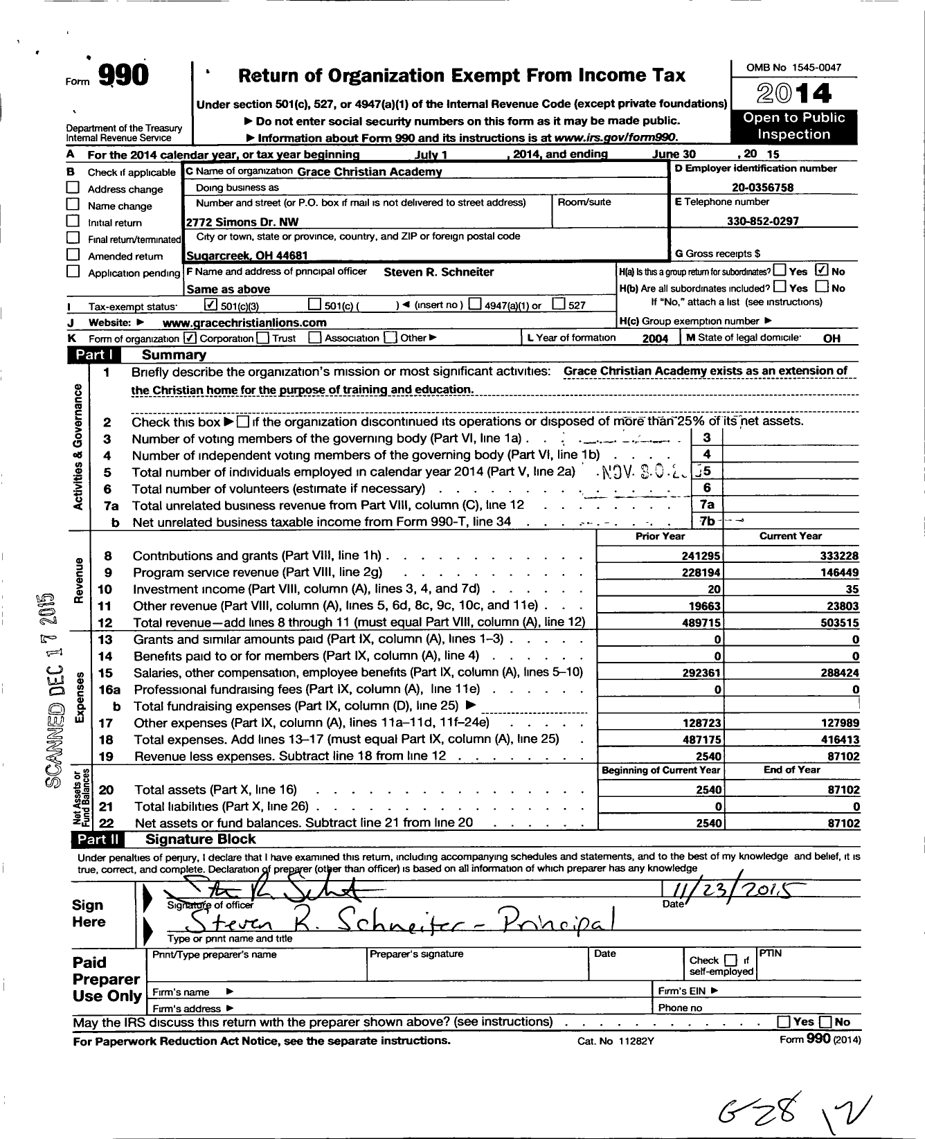 Image of first page of 2014 Form 990 for Grace Christian Academy