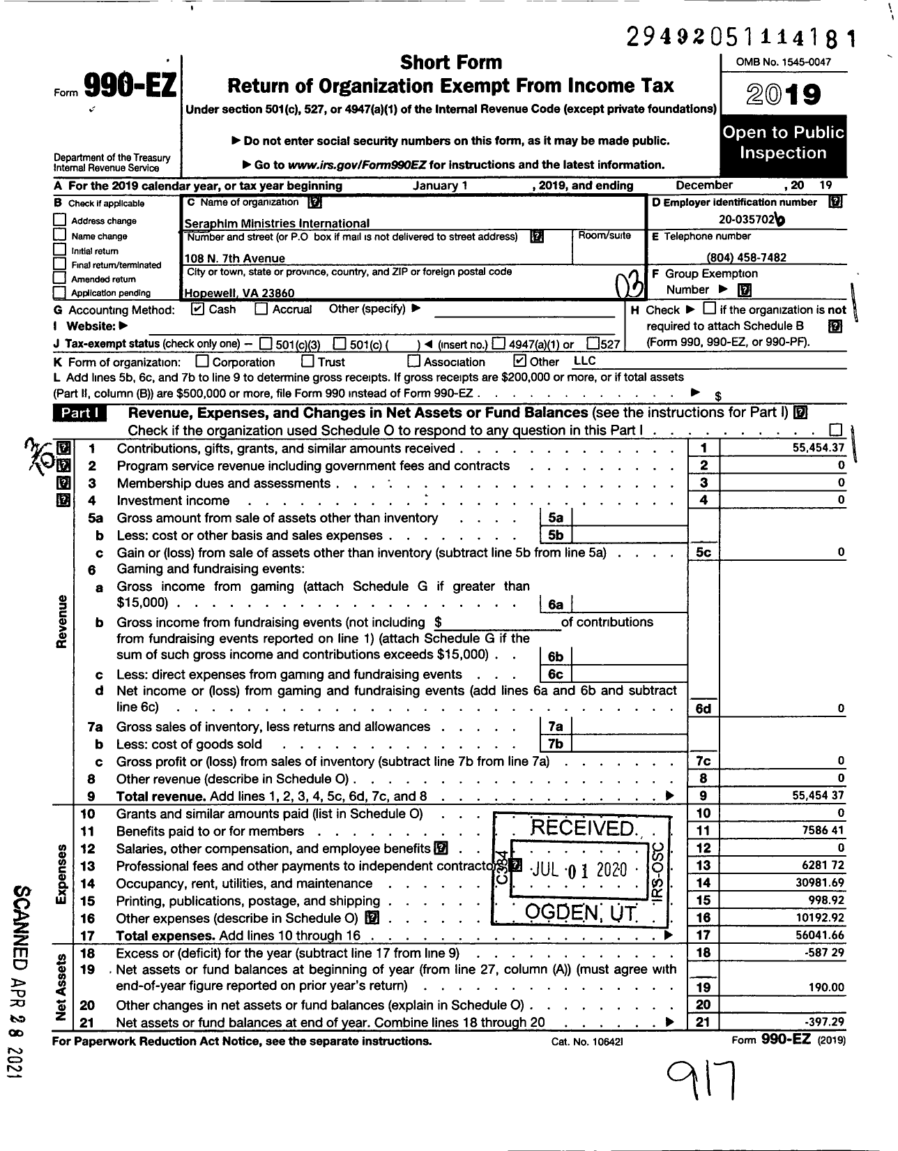 Image of first page of 2019 Form 990EZ for Seraphim Ministries International