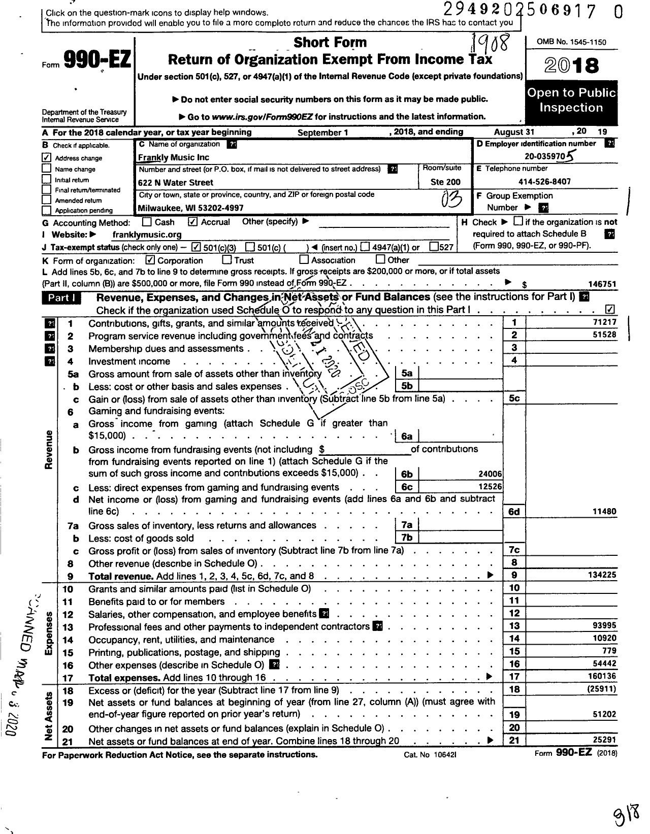 Image of first page of 2018 Form 990EZ for Frankly Music